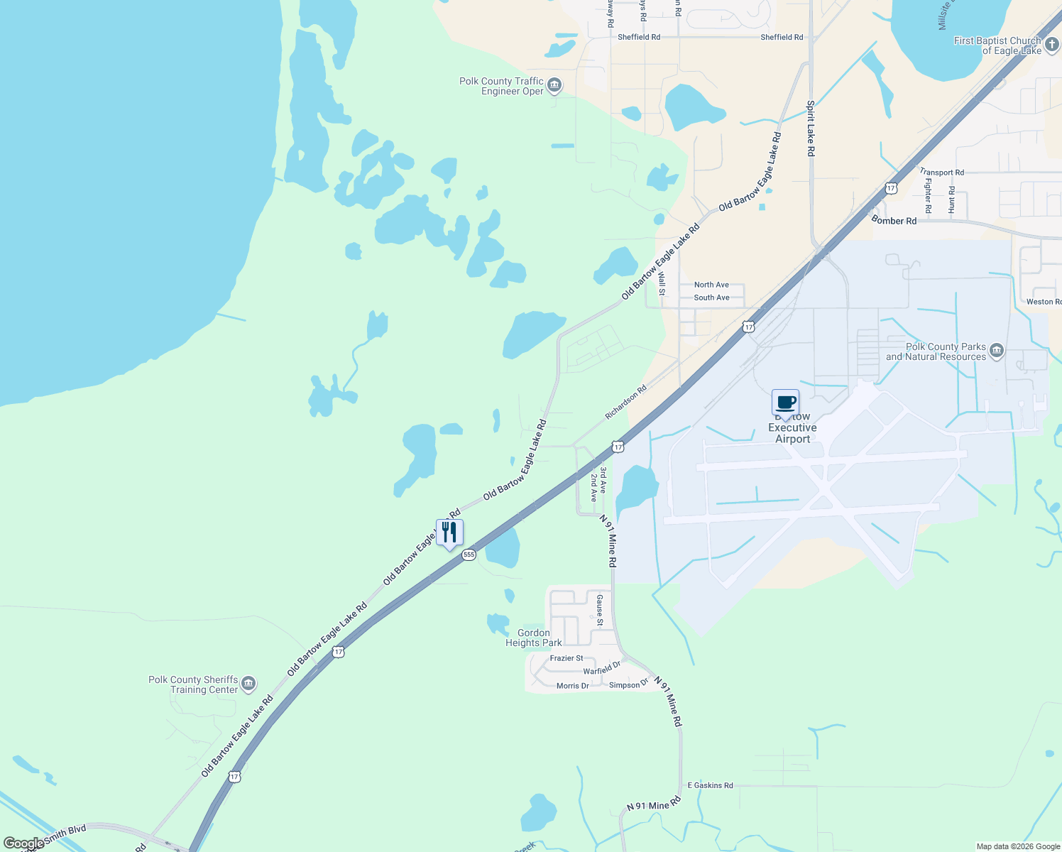 map of restaurants, bars, coffee shops, grocery stores, and more near 2410 Gerties Road in Bartow