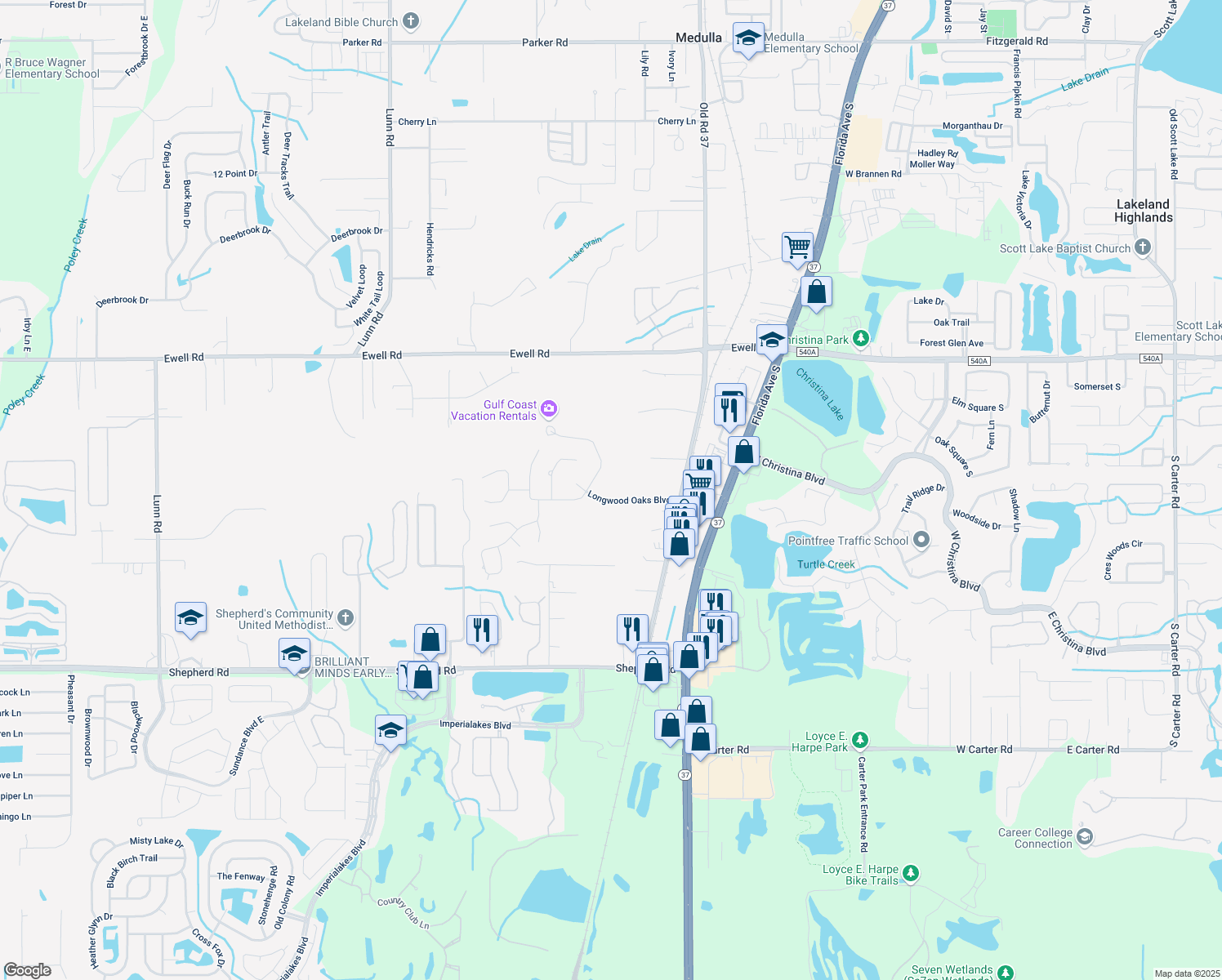 map of restaurants, bars, coffee shops, grocery stores, and more near 1211 Longwood Oaks Boulevard in Lakeland