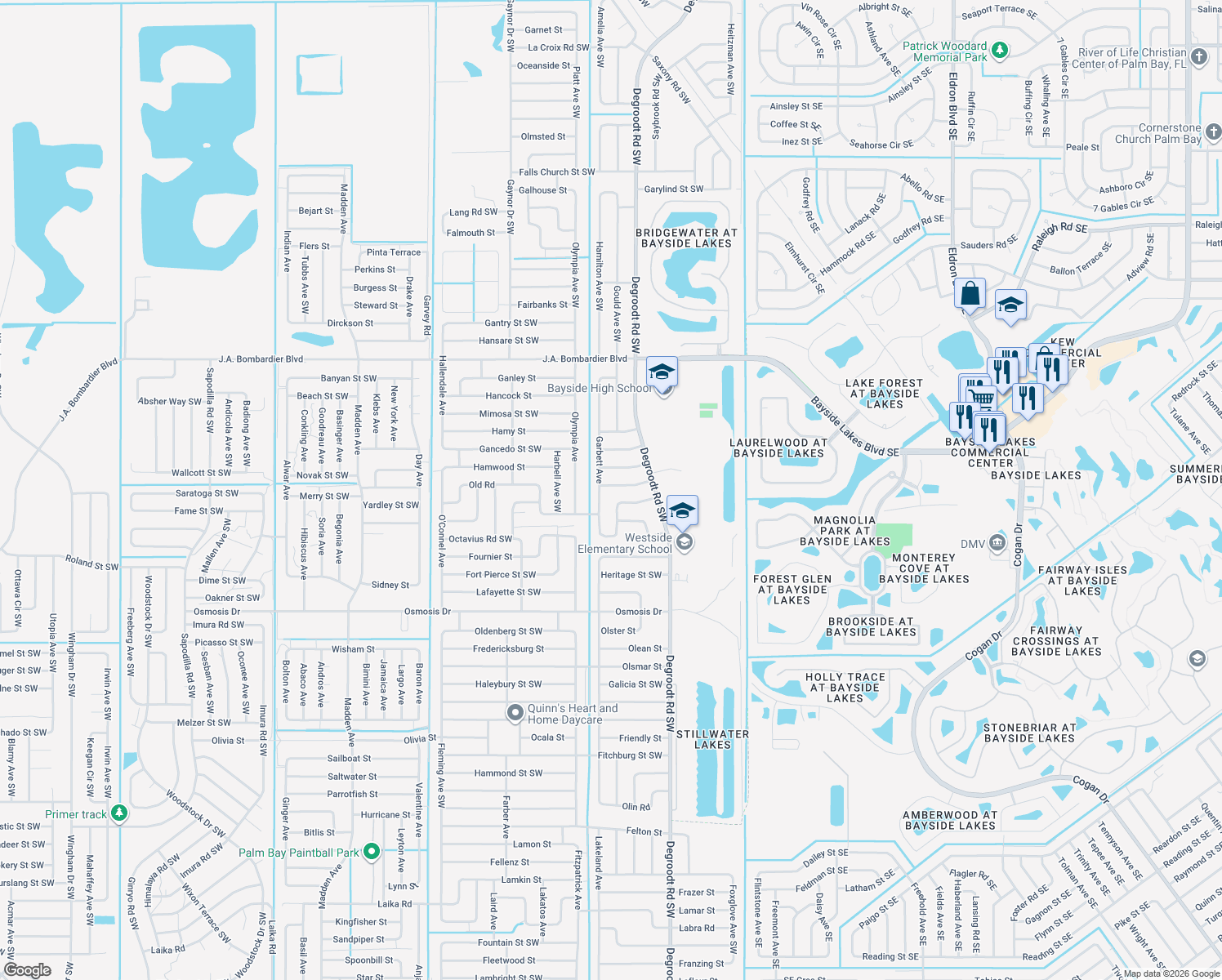 map of restaurants, bars, coffee shops, grocery stores, and more near 388 Hammonton Street Southwest in Palm Bay