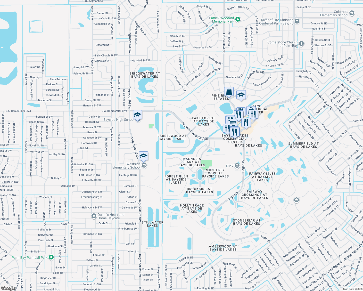 map of restaurants, bars, coffee shops, grocery stores, and more near 1845 Winding Ridge Circle Southeast in Palm Bay