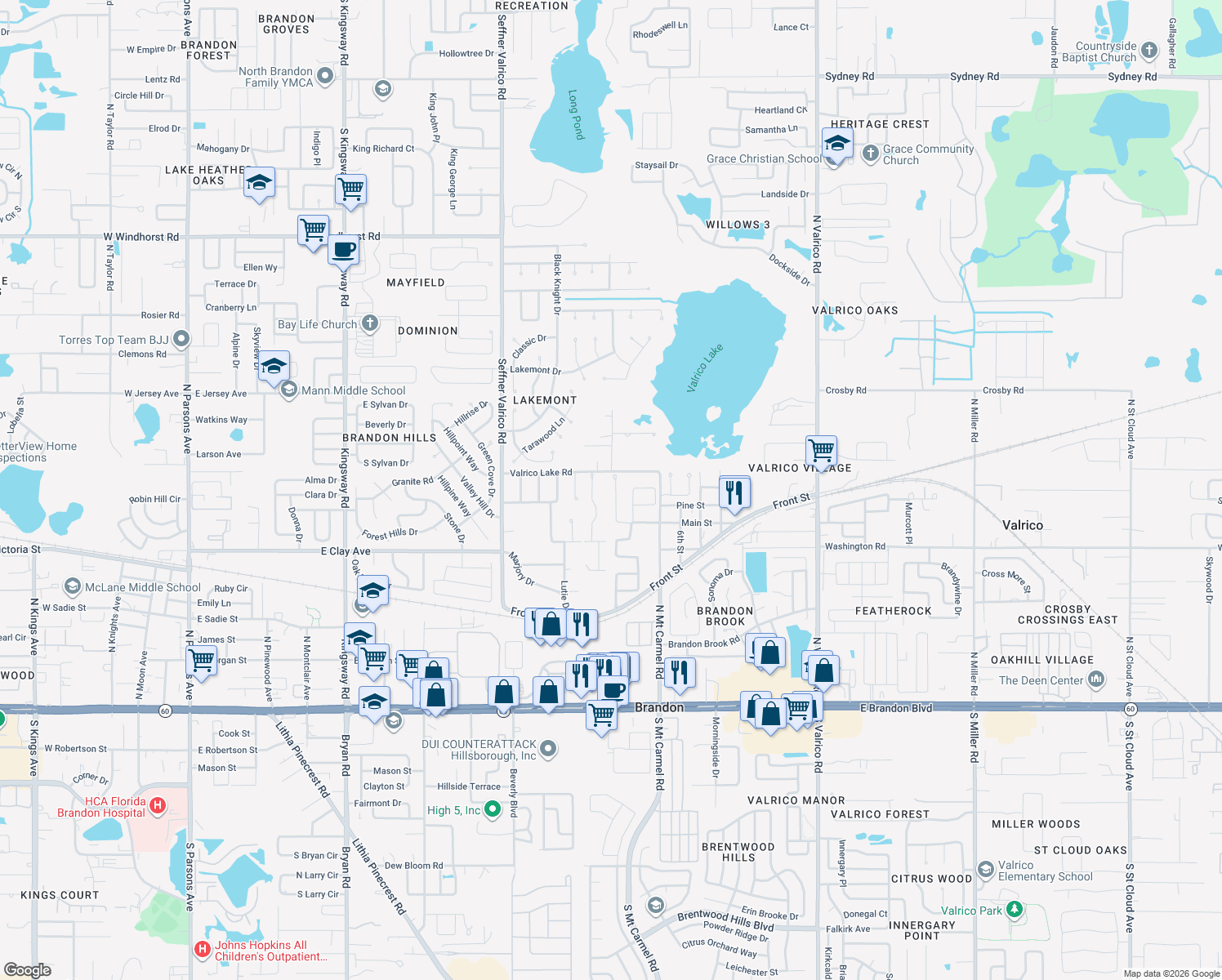 map of restaurants, bars, coffee shops, grocery stores, and more near 1411 Main Street in Valrico