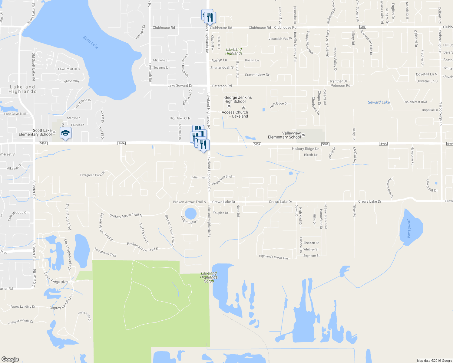 map of restaurants, bars, coffee shops, grocery stores, and more near 2316 Flaming Arrow Drive in Lakeland