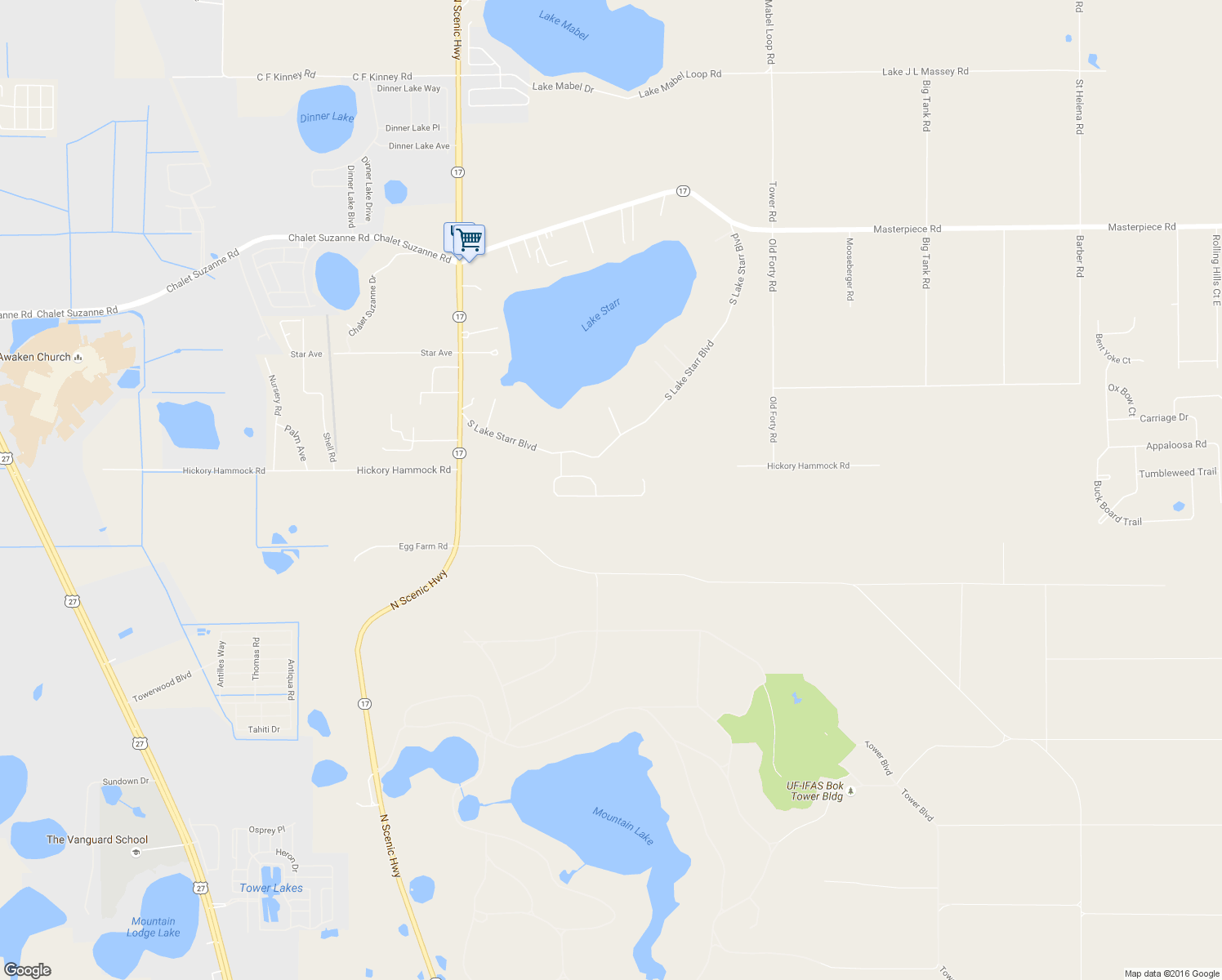 map of restaurants, bars, coffee shops, grocery stores, and more near 505 Starr Ridge Drive in Lake Wales