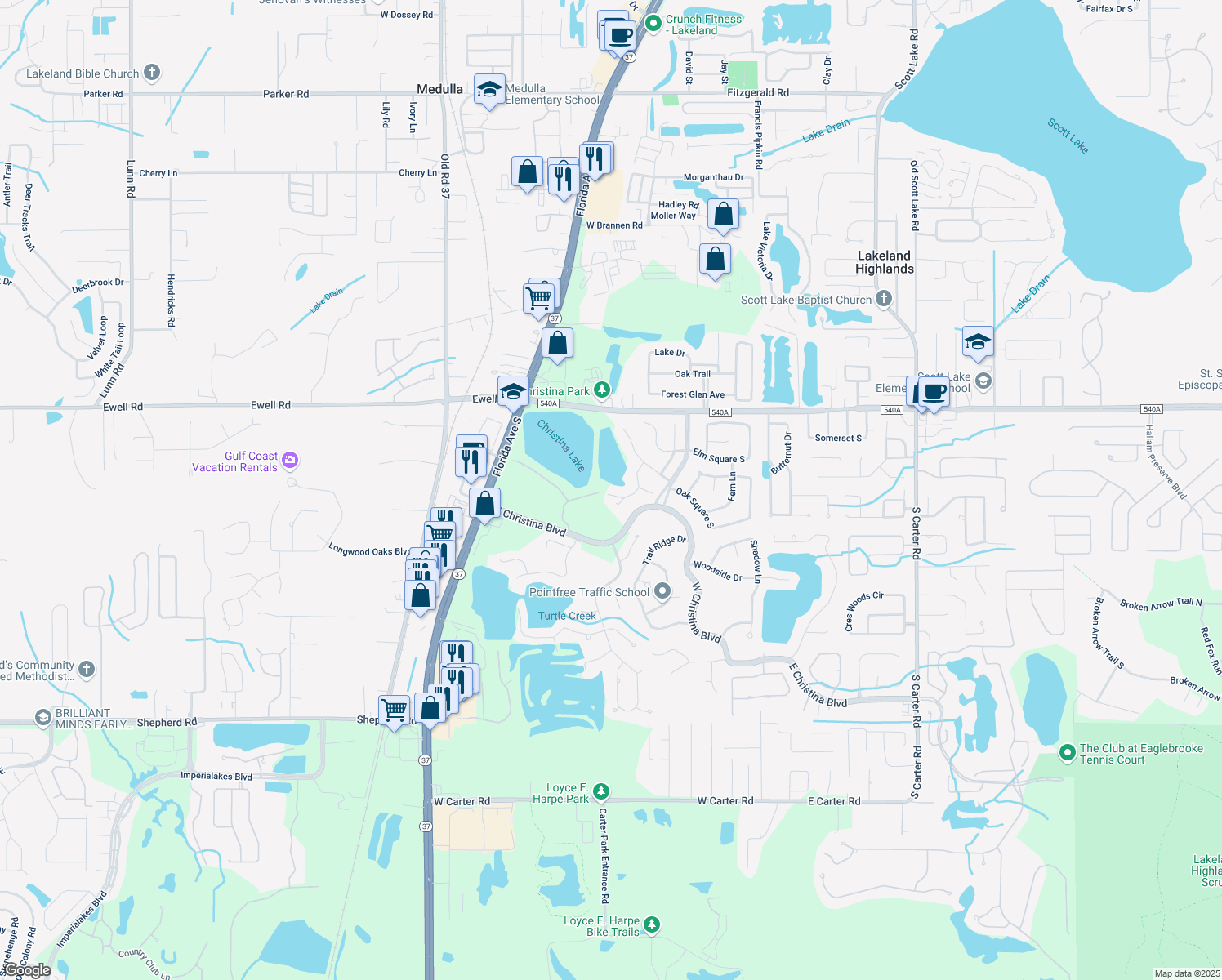 map of restaurants, bars, coffee shops, grocery stores, and more near 6357 Cedar Lane in Lakeland