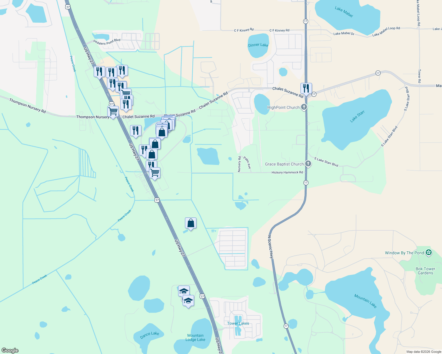 map of restaurants, bars, coffee shops, grocery stores, and more near 725 Hickory Hammock Rd in Lake Wales