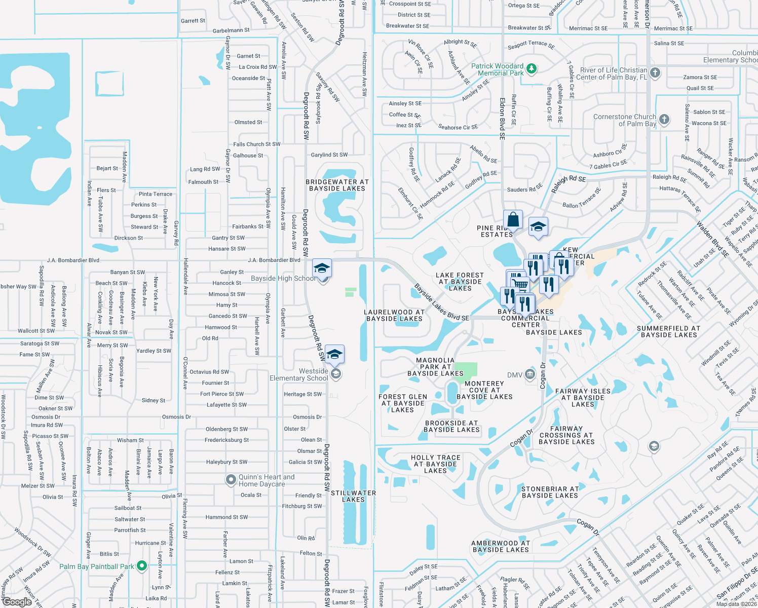 map of restaurants, bars, coffee shops, grocery stores, and more near 1776 Winding Ridge Cir SE in Palm Bay