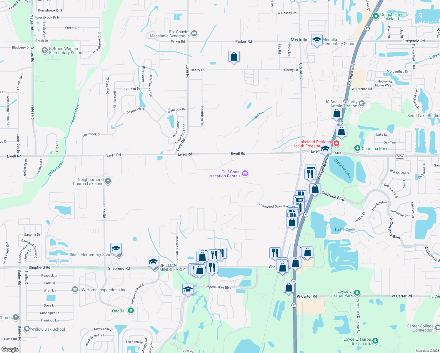 map of restaurants, bars, coffee shops, grocery stores, and more near 1636 Lunn Woods Trail in Lakeland