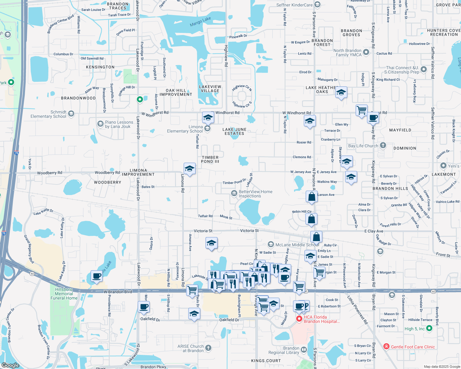 map of restaurants, bars, coffee shops, grocery stores, and more near 824 Timber Pond Drive in Brandon