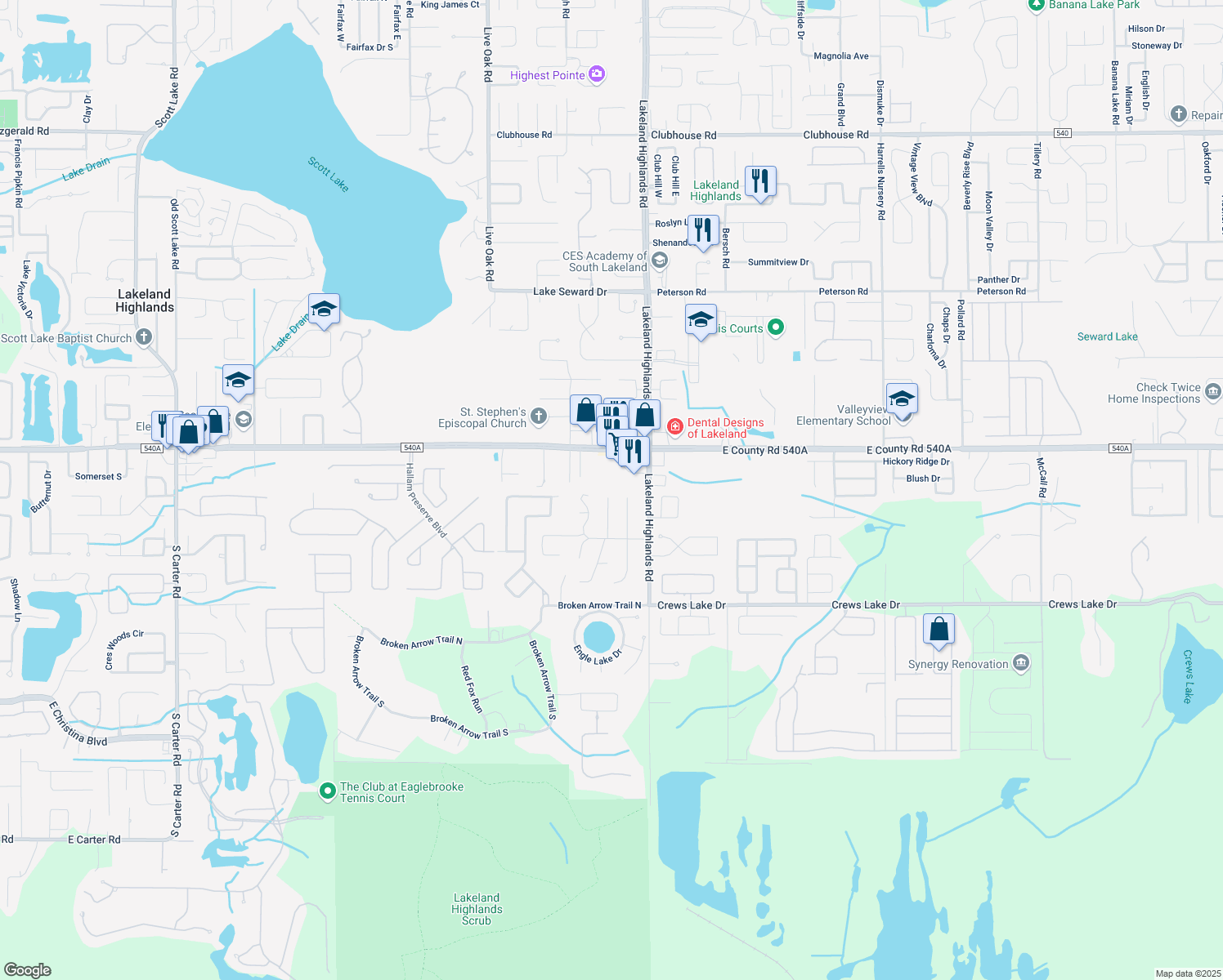map of restaurants, bars, coffee shops, grocery stores, and more near 6304 Timucuans Drive in Lakeland