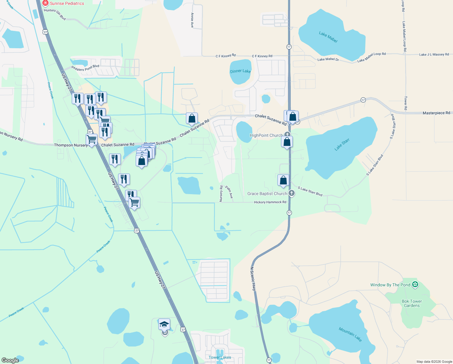 map of restaurants, bars, coffee shops, grocery stores, and more near 2626 Nursery Road in Lake Wales