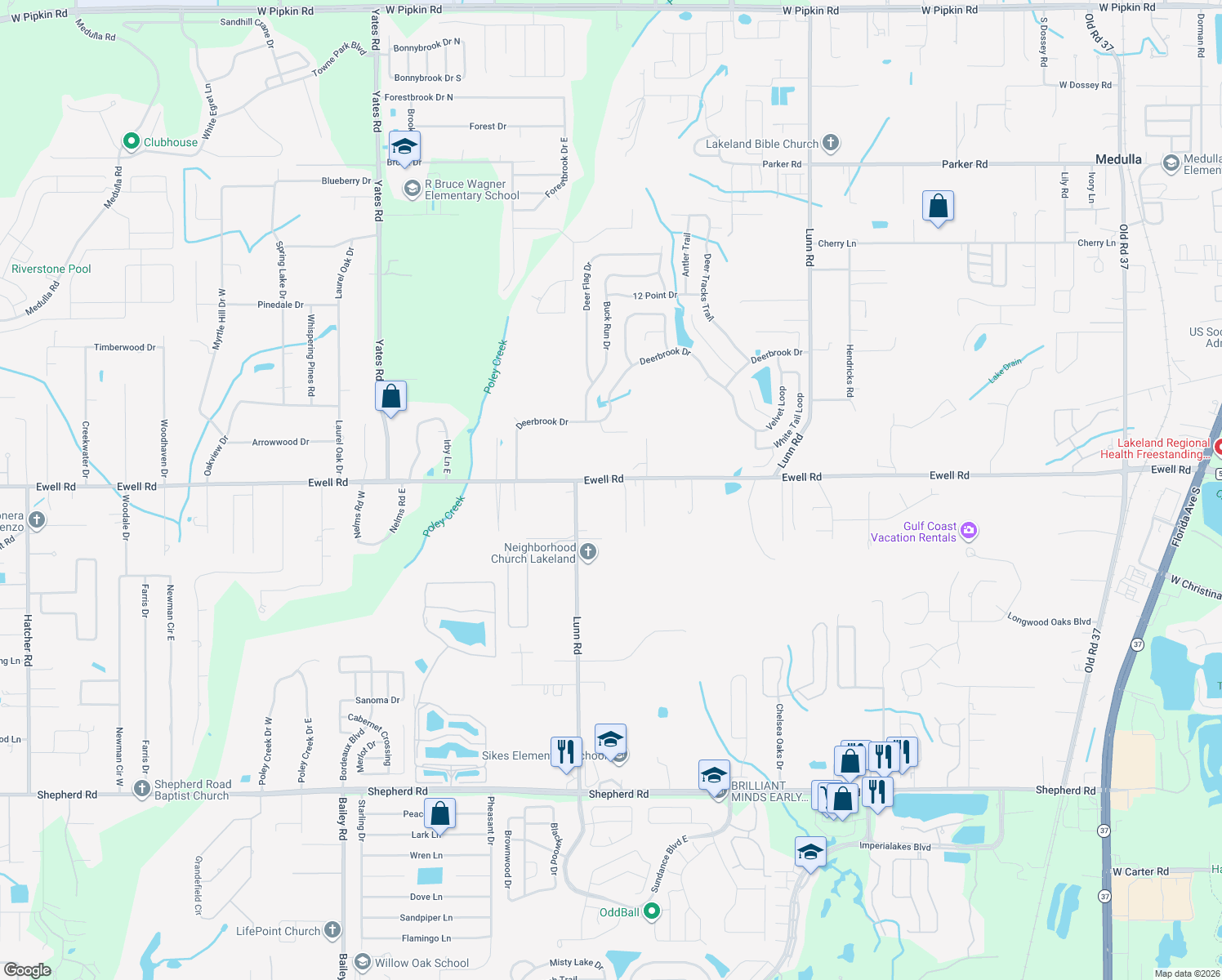 map of restaurants, bars, coffee shops, grocery stores, and more near 2720 Ewell Road in Lakeland