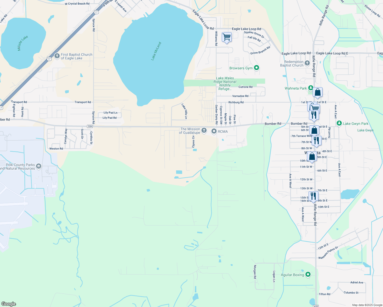map of restaurants, bars, coffee shops, grocery stores, and more near 405 Cedro Court in Winter Haven
