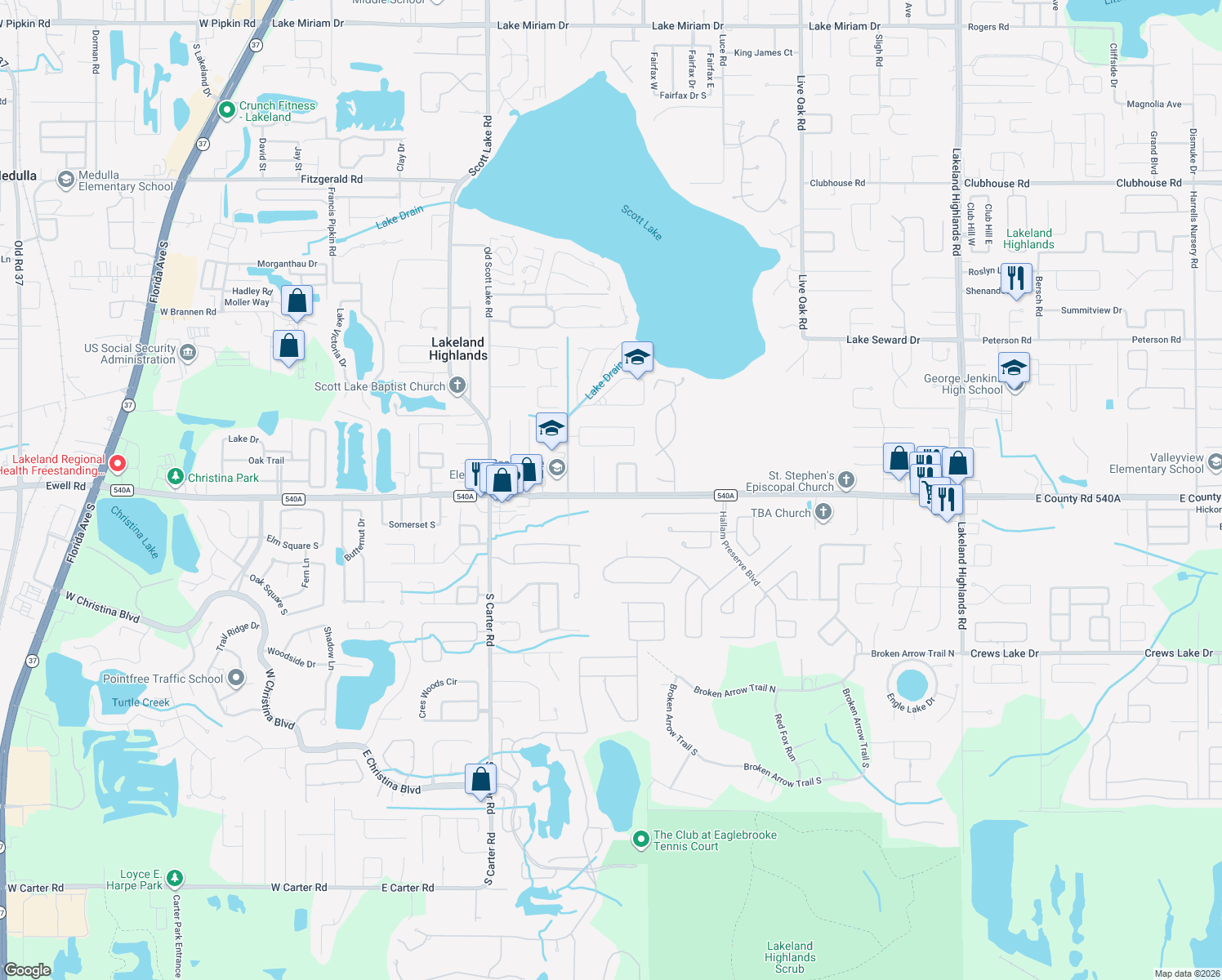 map of restaurants, bars, coffee shops, grocery stores, and more near 6141 Donegal West in Lakeland