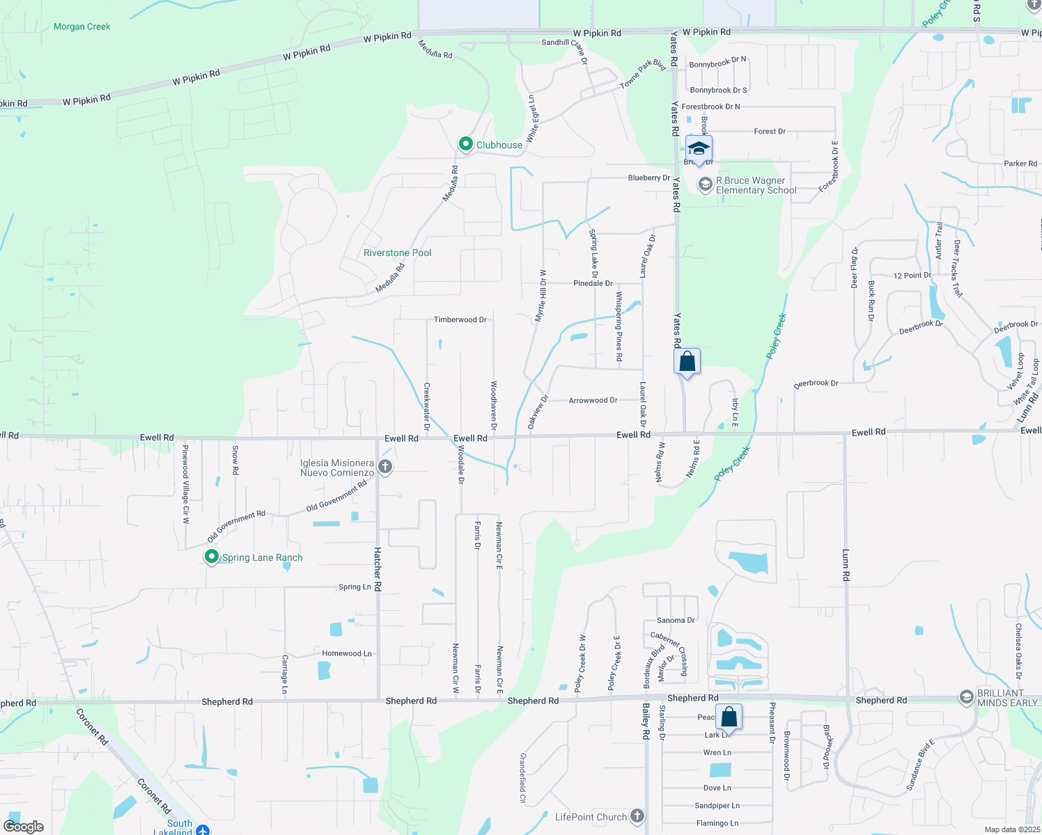 map of restaurants, bars, coffee shops, grocery stores, and more near 6117 Oakview Drive in Lakeland
