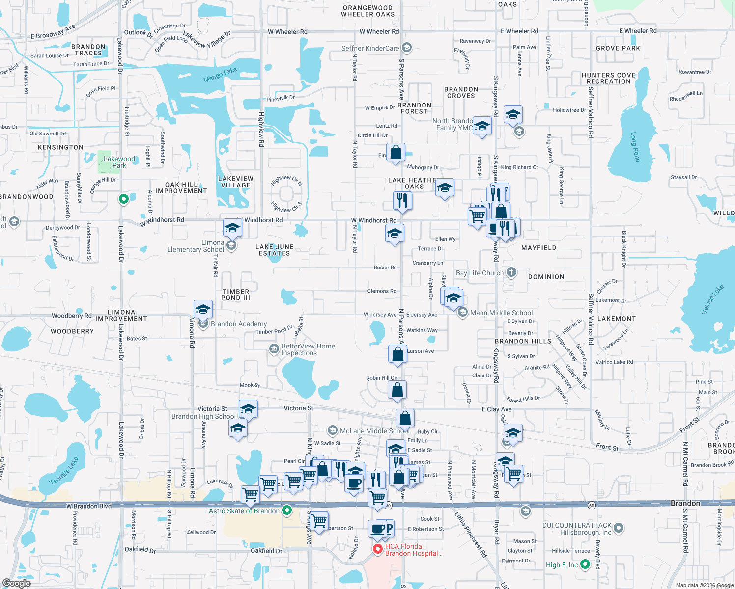 map of restaurants, bars, coffee shops, grocery stores, and more near 209 Clemons Road in Brandon