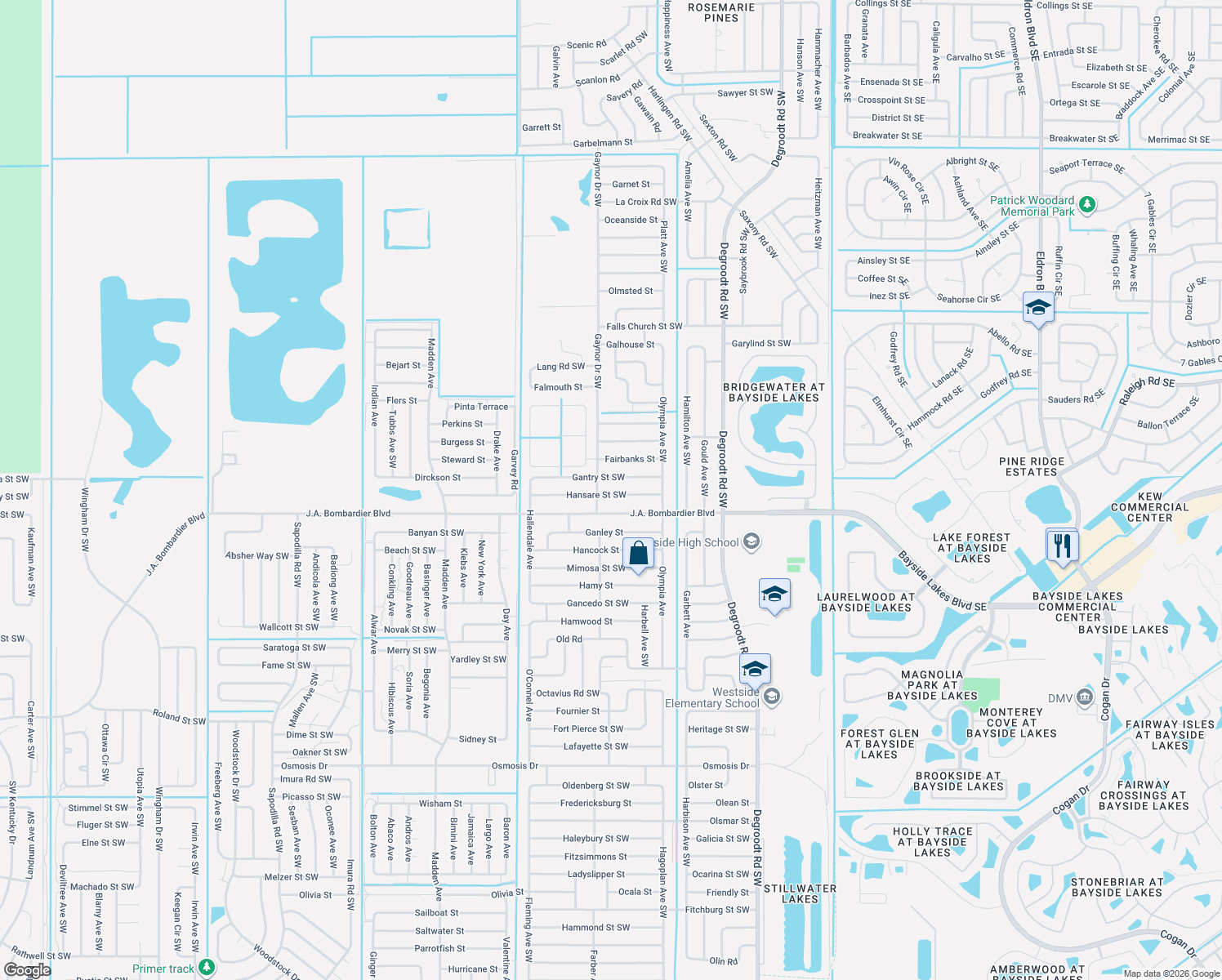 map of restaurants, bars, coffee shops, grocery stores, and more near 483 Hansare Street Southwest in Palm Bay