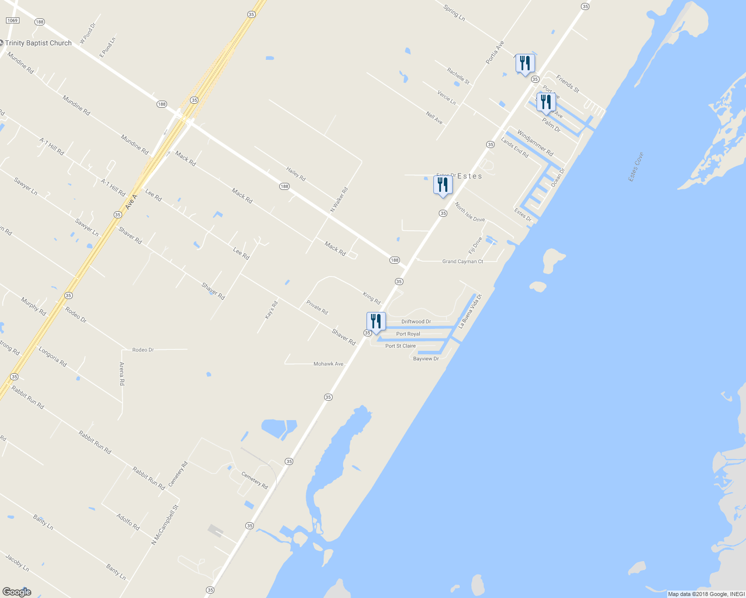 map of restaurants, bars, coffee shops, grocery stores, and more near 229 Kring Road in Aransas Pass