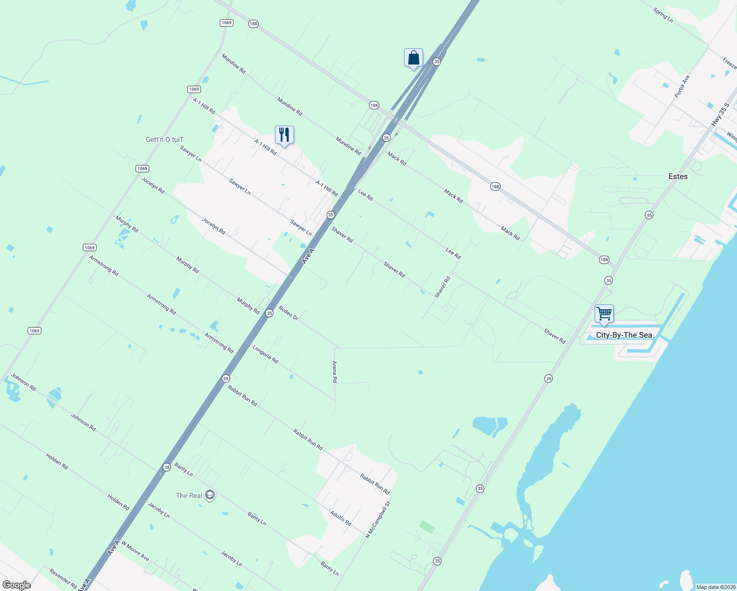 map of restaurants, bars, coffee shops, grocery stores, and more near 1102-1148 Alcala Road in Aransas Pass