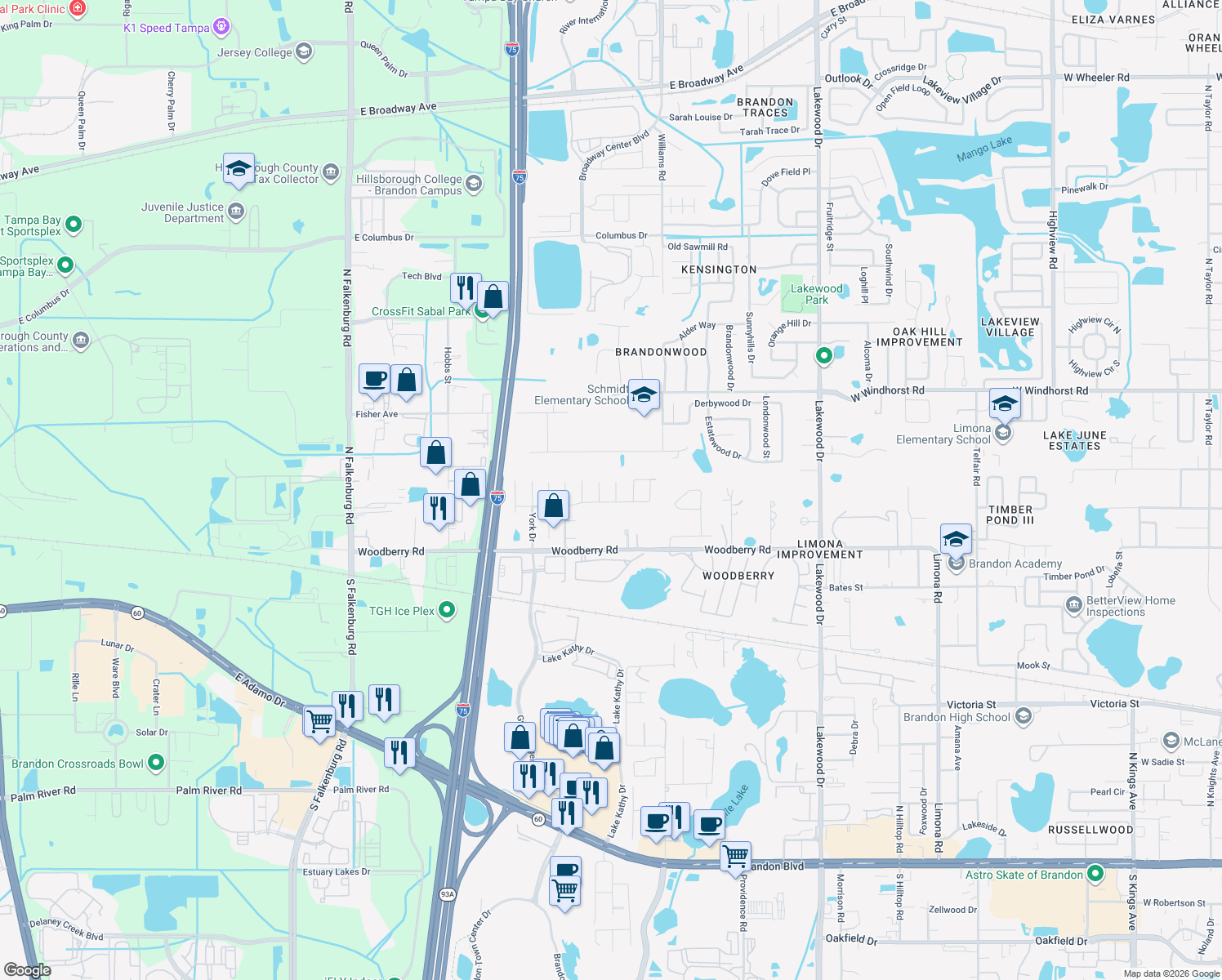 map of restaurants, bars, coffee shops, grocery stores, and more near 1006 Saxon Court in Brandon