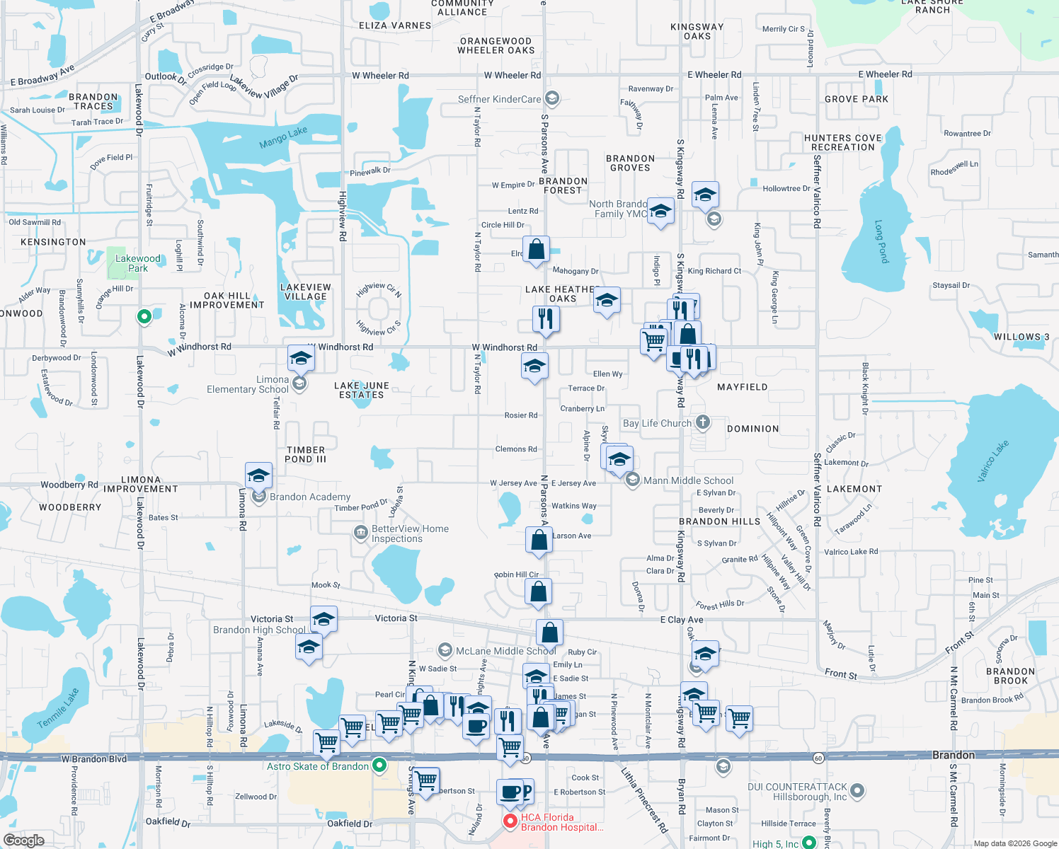 map of restaurants, bars, coffee shops, grocery stores, and more near 107 Rosier Road in Brandon