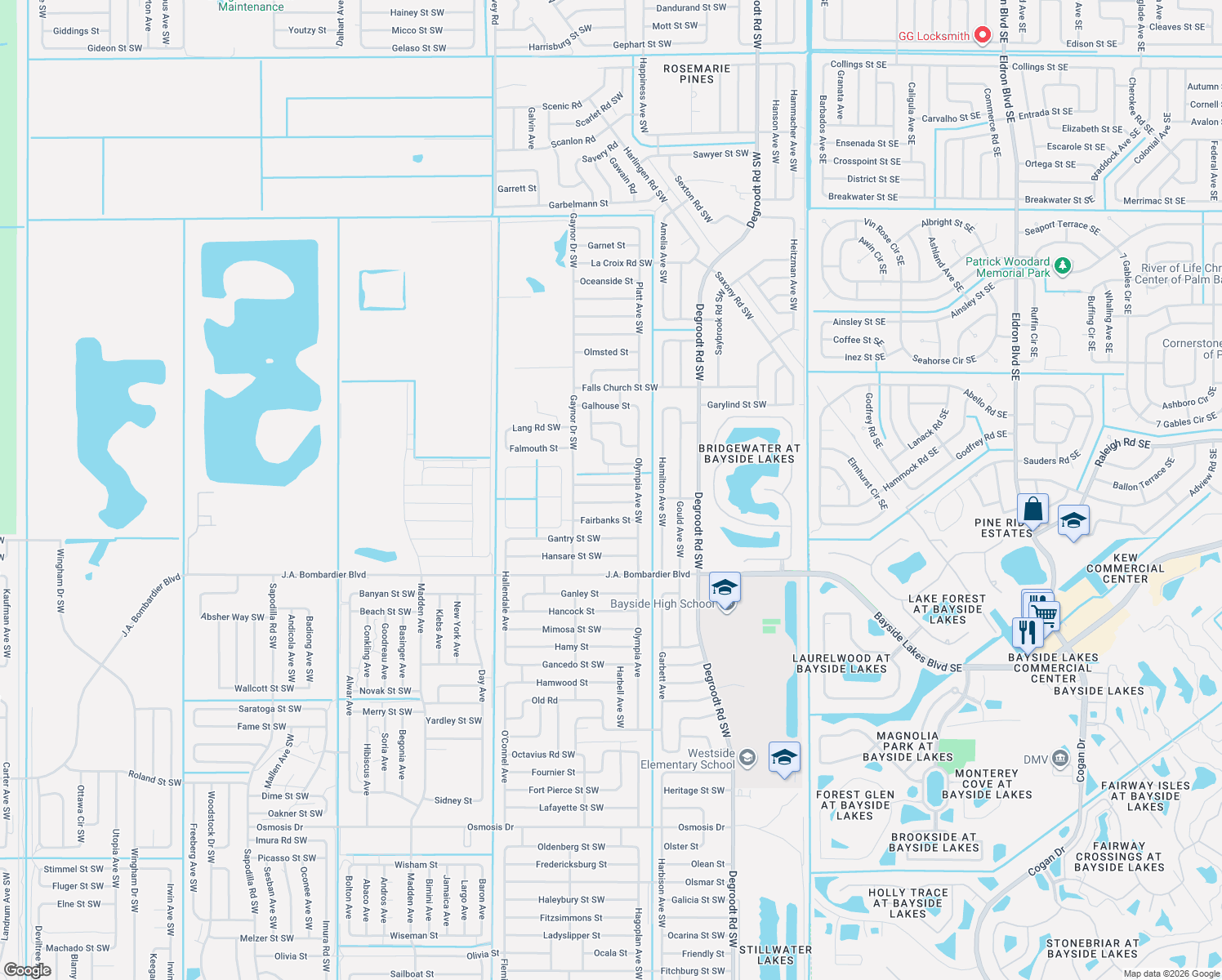 map of restaurants, bars, coffee shops, grocery stores, and more near 442 4 Winds Street Southwest in Palm Bay