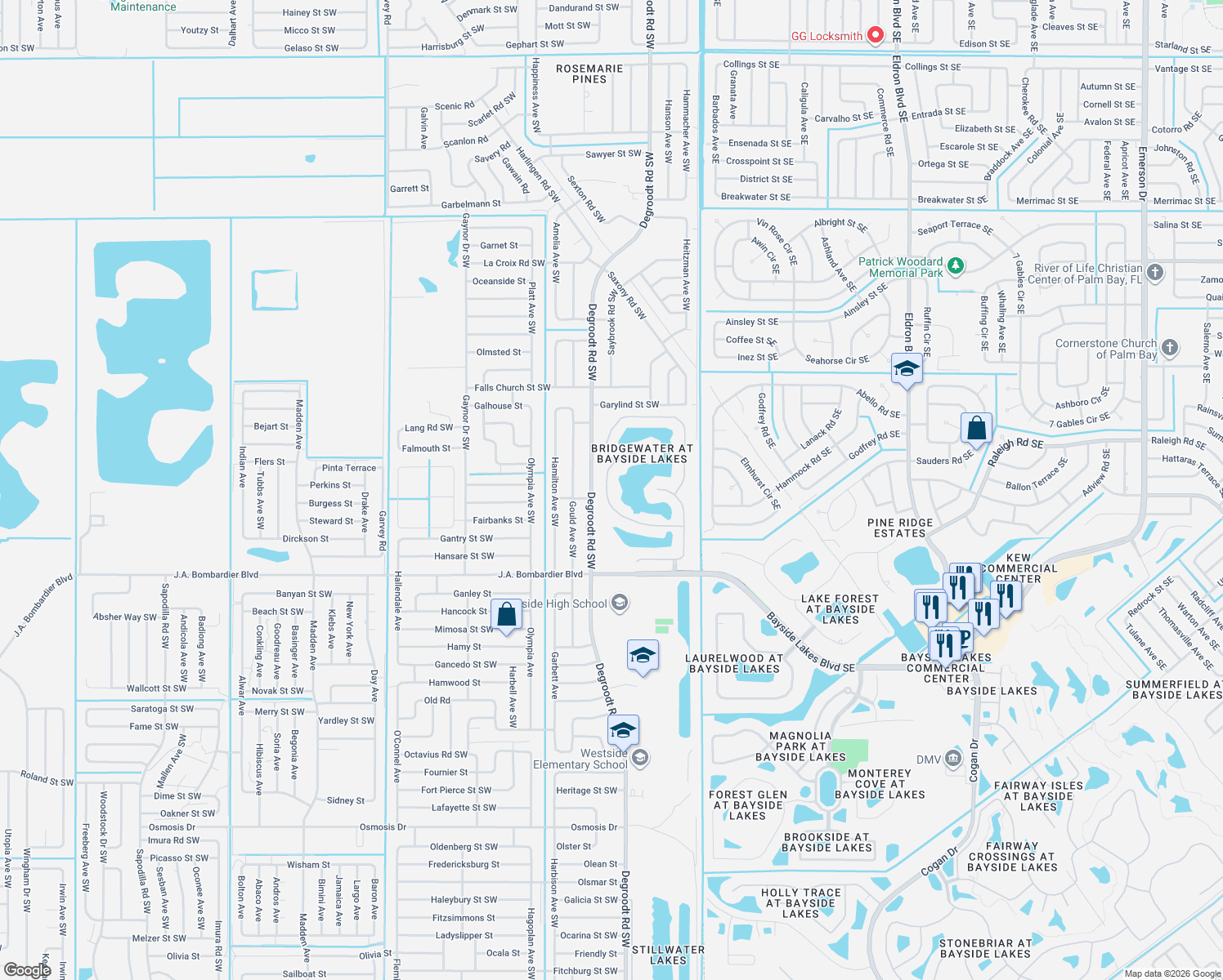 map of restaurants, bars, coffee shops, grocery stores, and more near 1649 Las Palmos Drive in Palm Bay