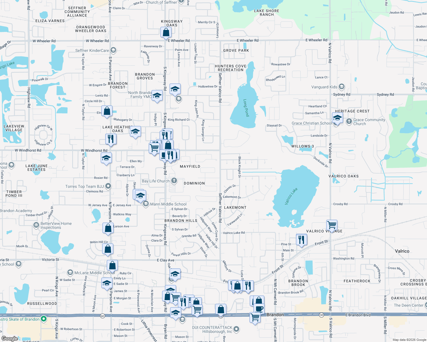 map of restaurants, bars, coffee shops, grocery stores, and more near 918 Sandywood Drive in Brandon