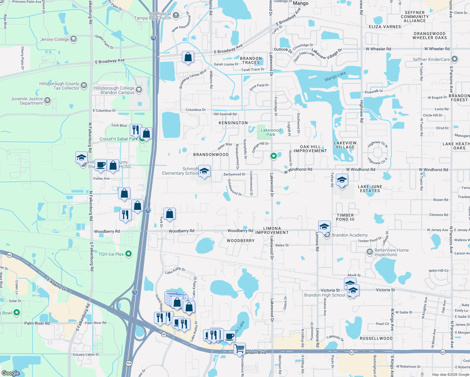 map of restaurants, bars, coffee shops, grocery stores, and more near 1909 Shannonwood Court in Brandon