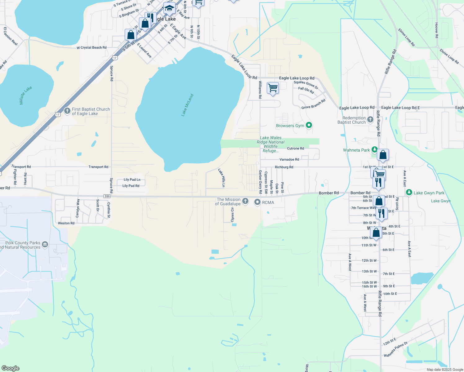 map of restaurants, bars, coffee shops, grocery stores, and more near 536 Vista Way Lane in Eagle Lake
