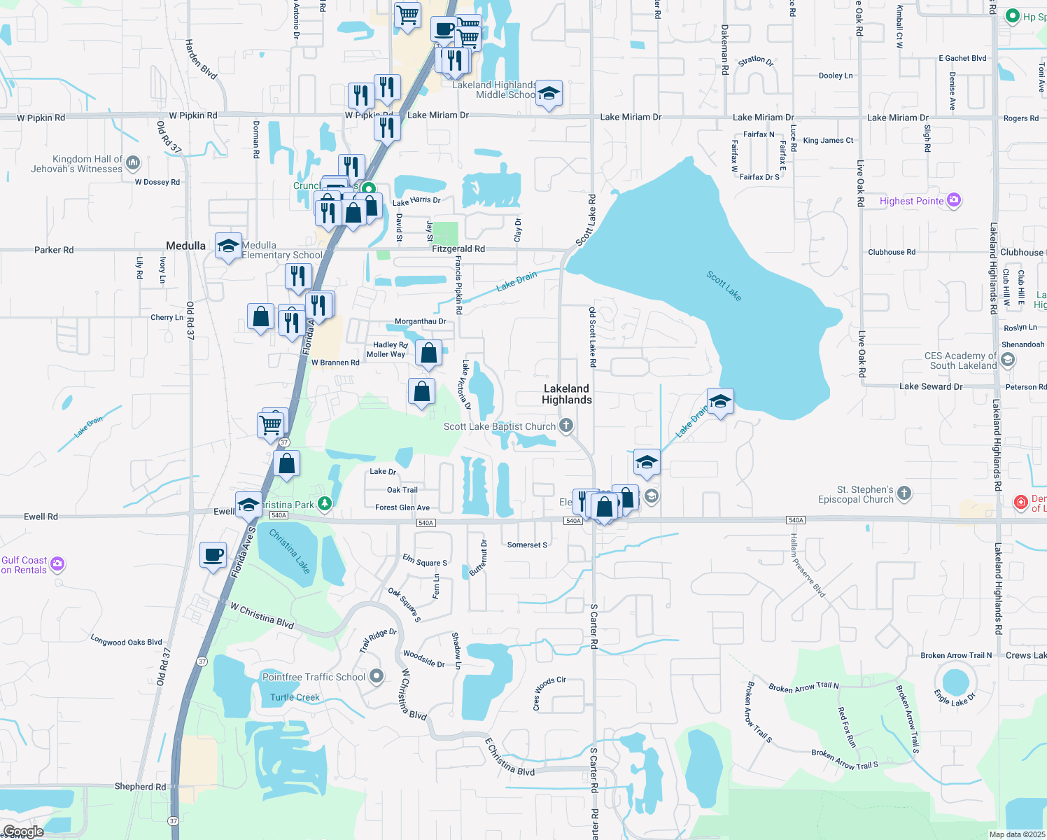 map of restaurants, bars, coffee shops, grocery stores, and more near 767 Lake Cove Drive in Lakeland