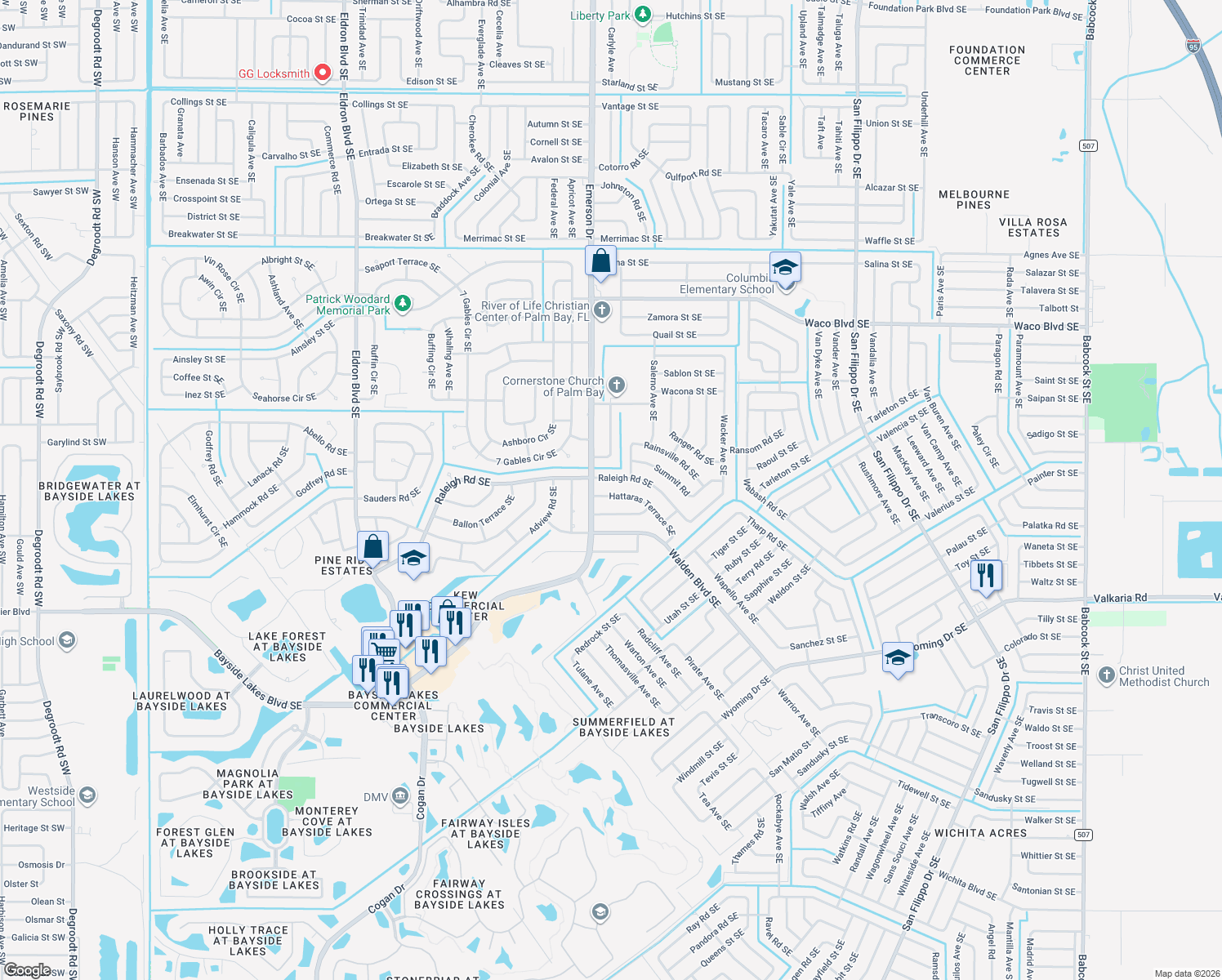 map of restaurants, bars, coffee shops, grocery stores, and more near 919 Hattaras Terrace Southeast in Palm Bay
