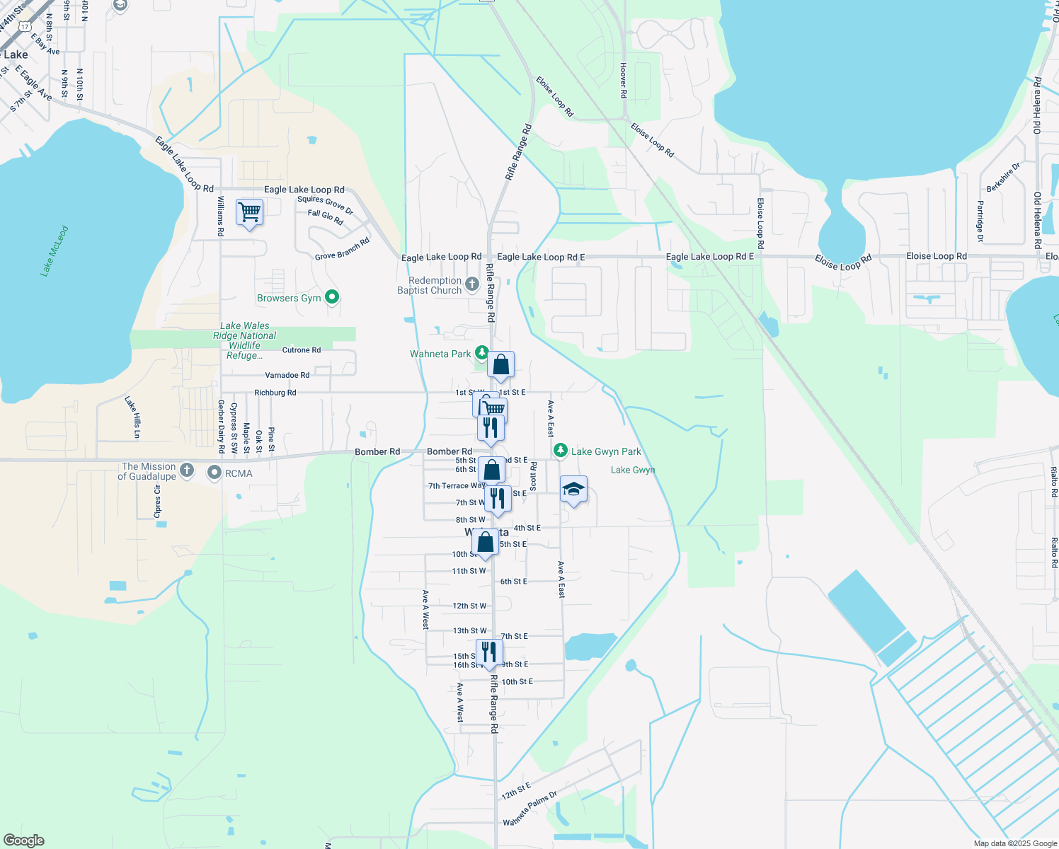 map of restaurants, bars, coffee shops, grocery stores, and more near 118 Scott Road in Winter Haven