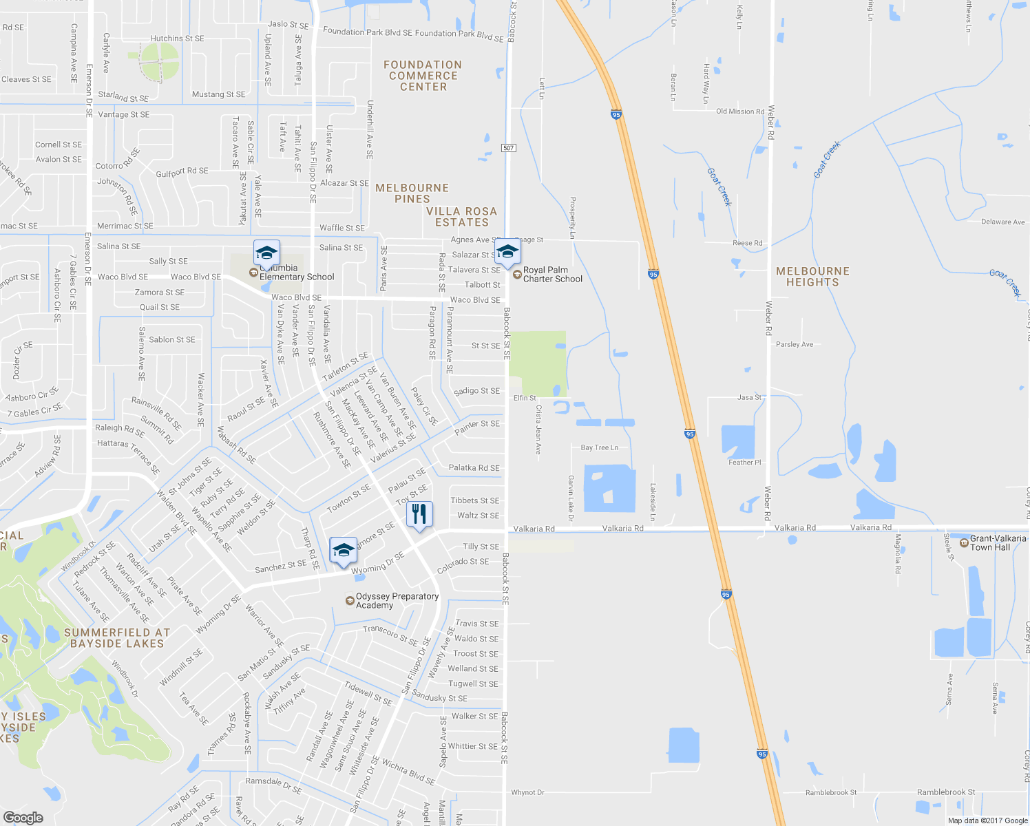 map of restaurants, bars, coffee shops, grocery stores, and more near 7415 Babcock Street Southeast in Palm Bay