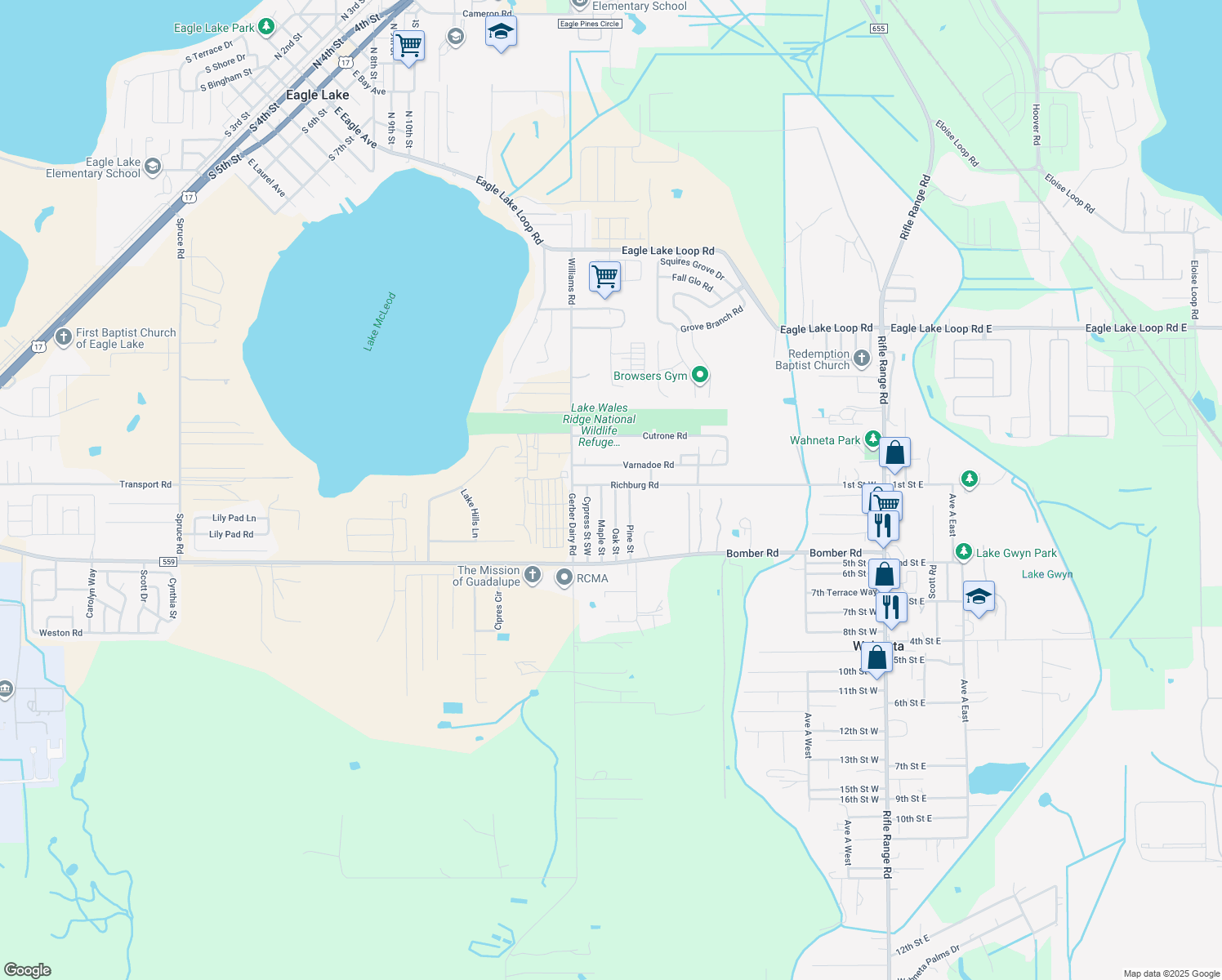 map of restaurants, bars, coffee shops, grocery stores, and more near 218 Oak St in Winter Haven