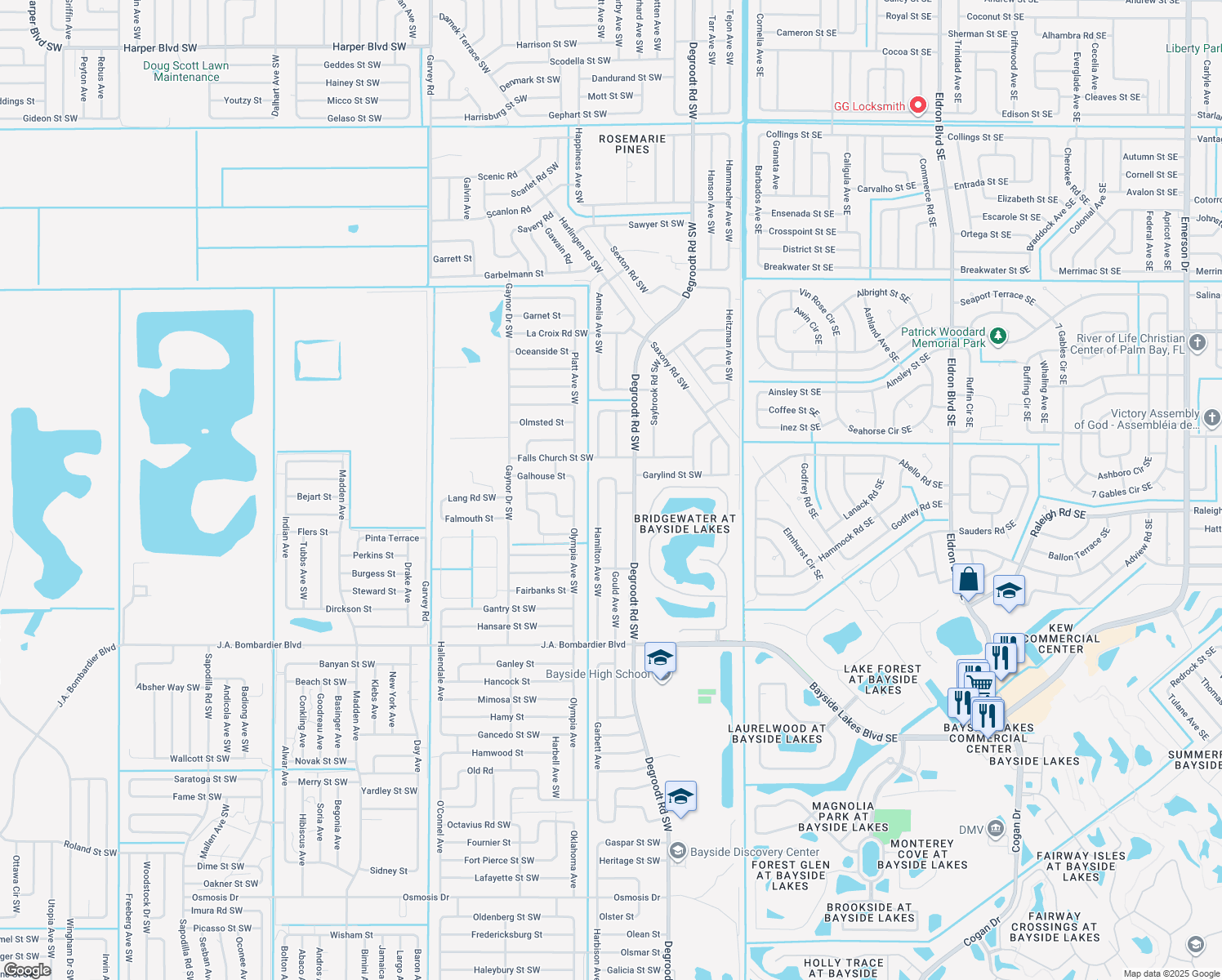 map of restaurants, bars, coffee shops, grocery stores, and more near 1526 Gould Avenue Southwest in Palm Bay
