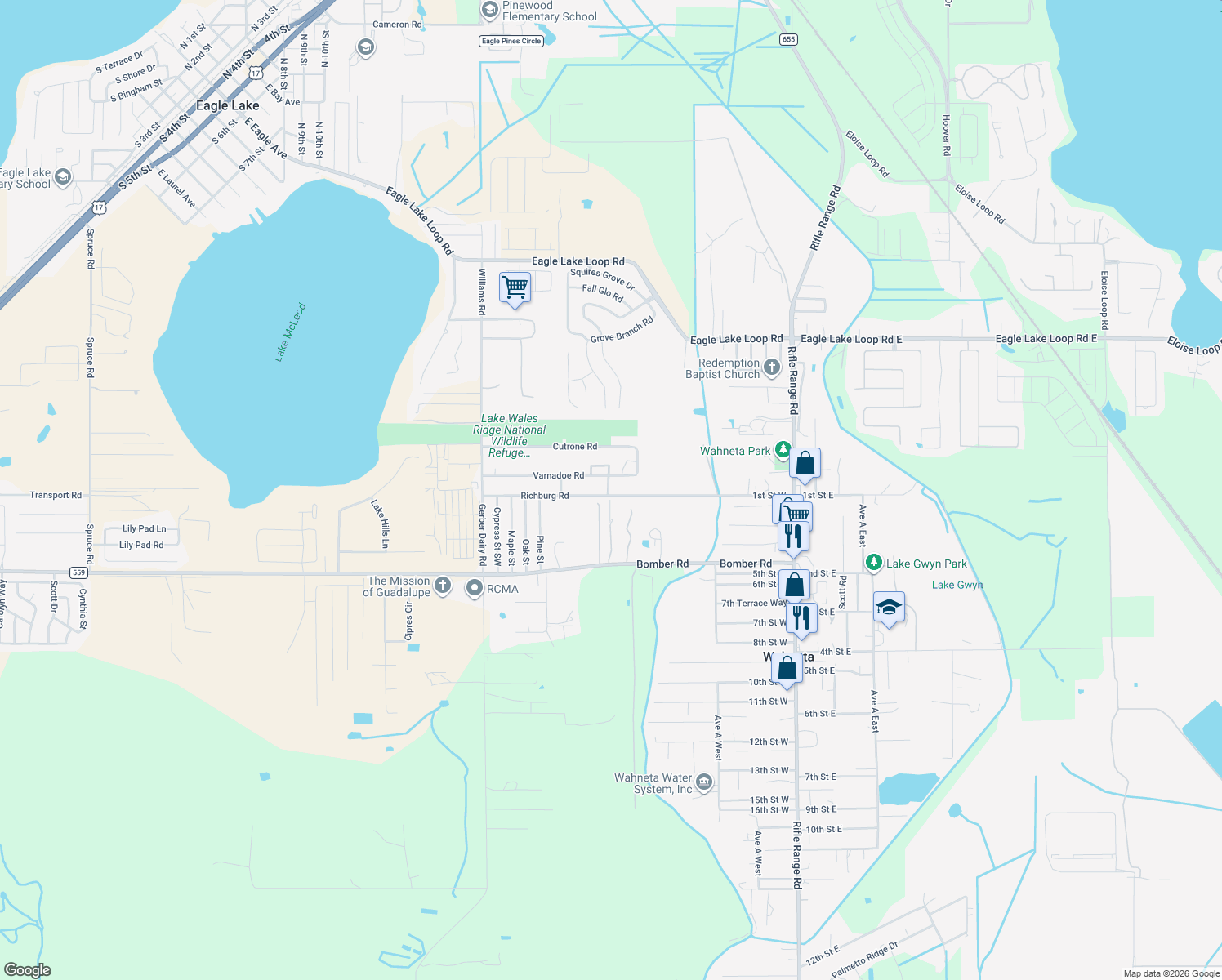 map of restaurants, bars, coffee shops, grocery stores, and more near 179 1st Wahneta Street West in Winter Haven