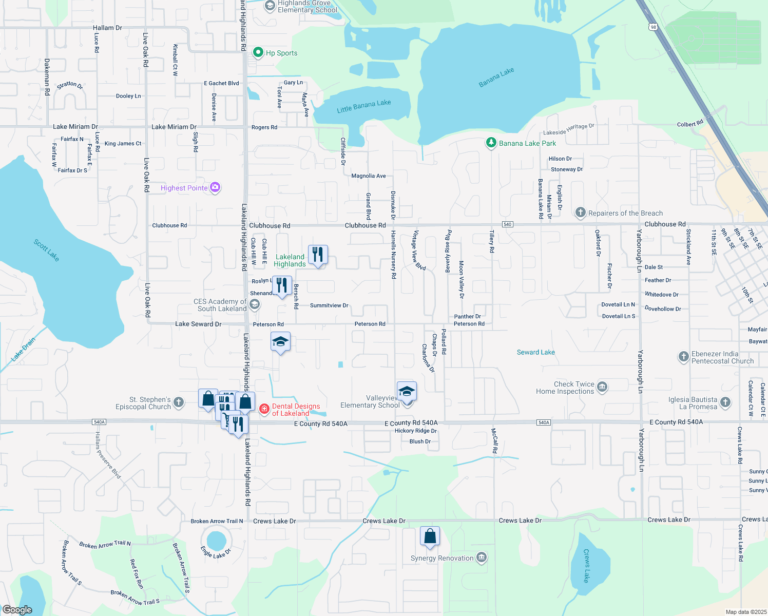map of restaurants, bars, coffee shops, grocery stores, and more near 2761 Summitview Drive in Lakeland