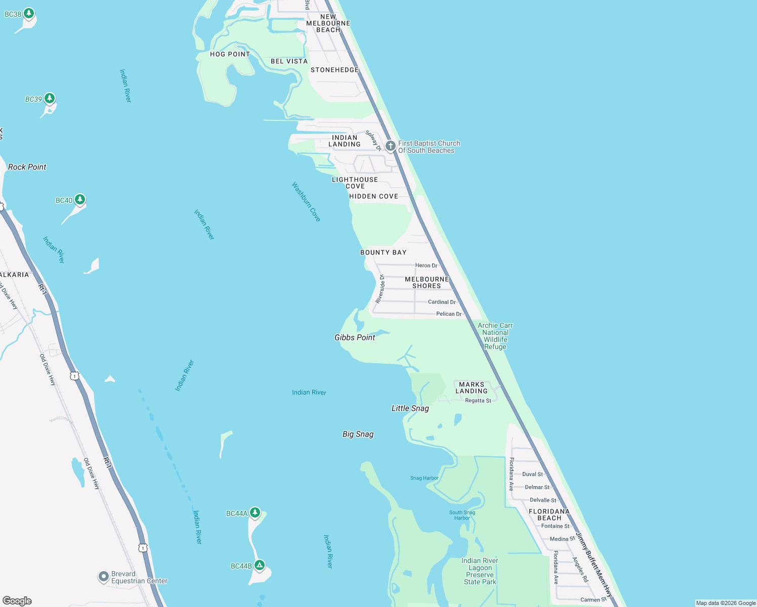 map of restaurants, bars, coffee shops, grocery stores, and more near 6015 Riverside Drive in Melbourne Beach