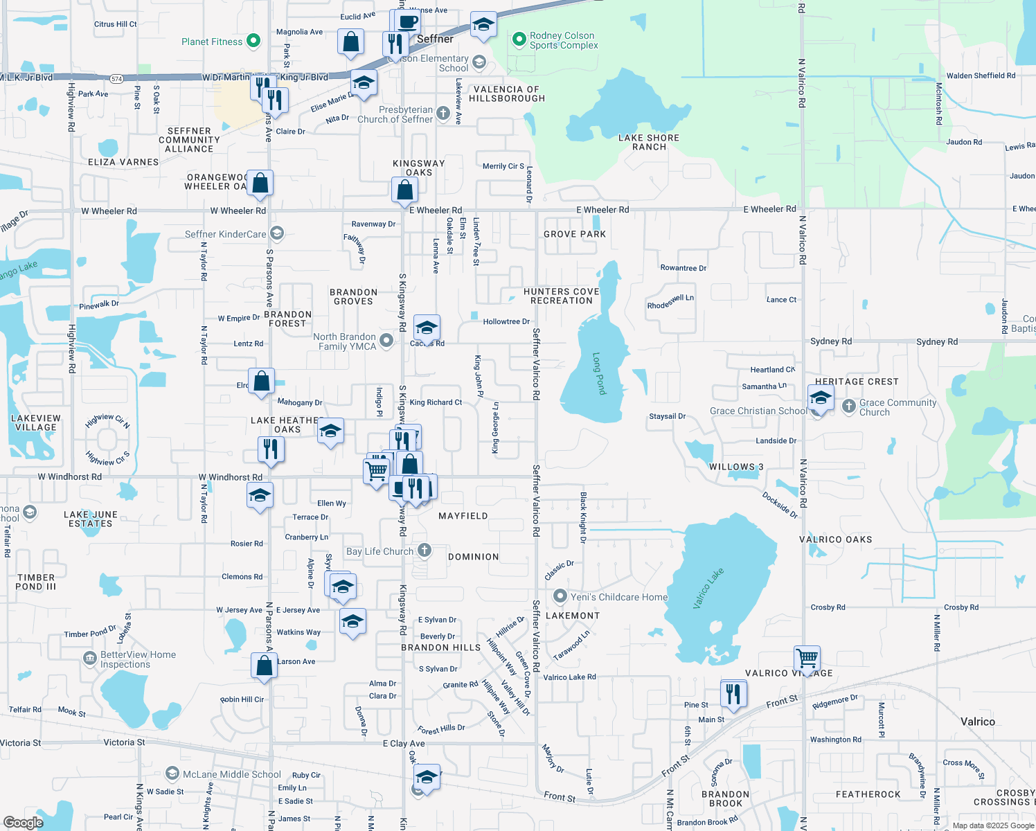 map of restaurants, bars, coffee shops, grocery stores, and more near 908 Woodland Drive in Seffner