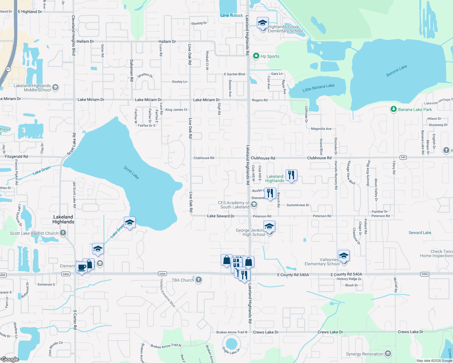 map of restaurants, bars, coffee shops, grocery stores, and more near 5551 Emerald Ridge Boulevard in Lakeland