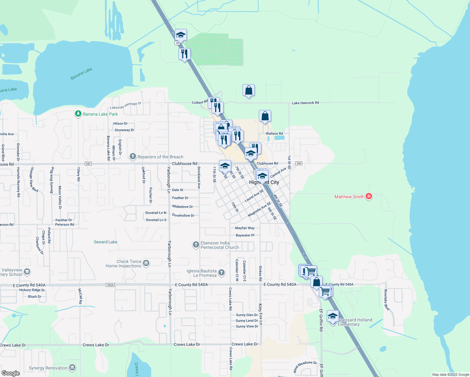 map of restaurants, bars, coffee shops, grocery stores, and more near 4056 Lime Avenue Southeast in Lakeland