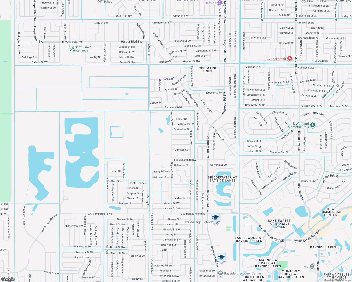 map of restaurants, bars, coffee shops, grocery stores, and more near 482 Oakleaf Street Southwest in Palm Bay