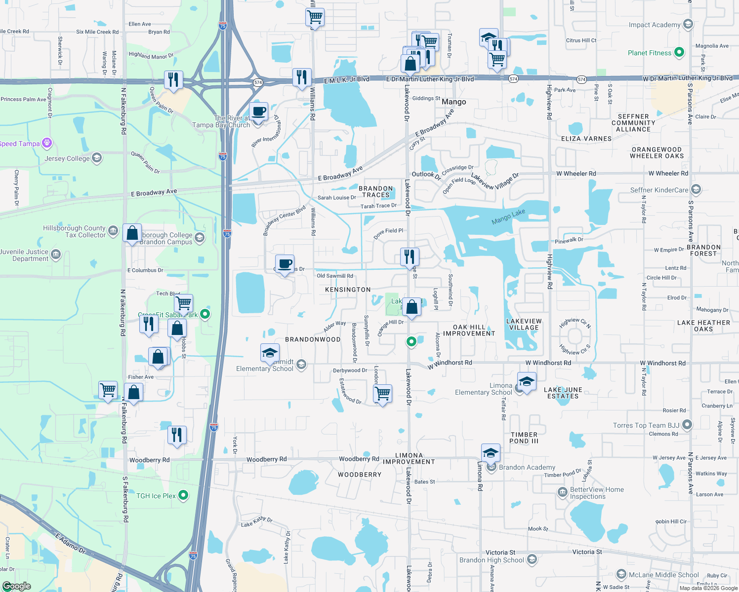 map of restaurants, bars, coffee shops, grocery stores, and more near 1611 Sunnyhills Drive in Brandon