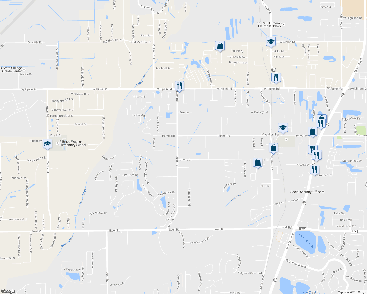 map of restaurants, bars, coffee shops, grocery stores, and more near 5460 Lunn Road in Lakeland