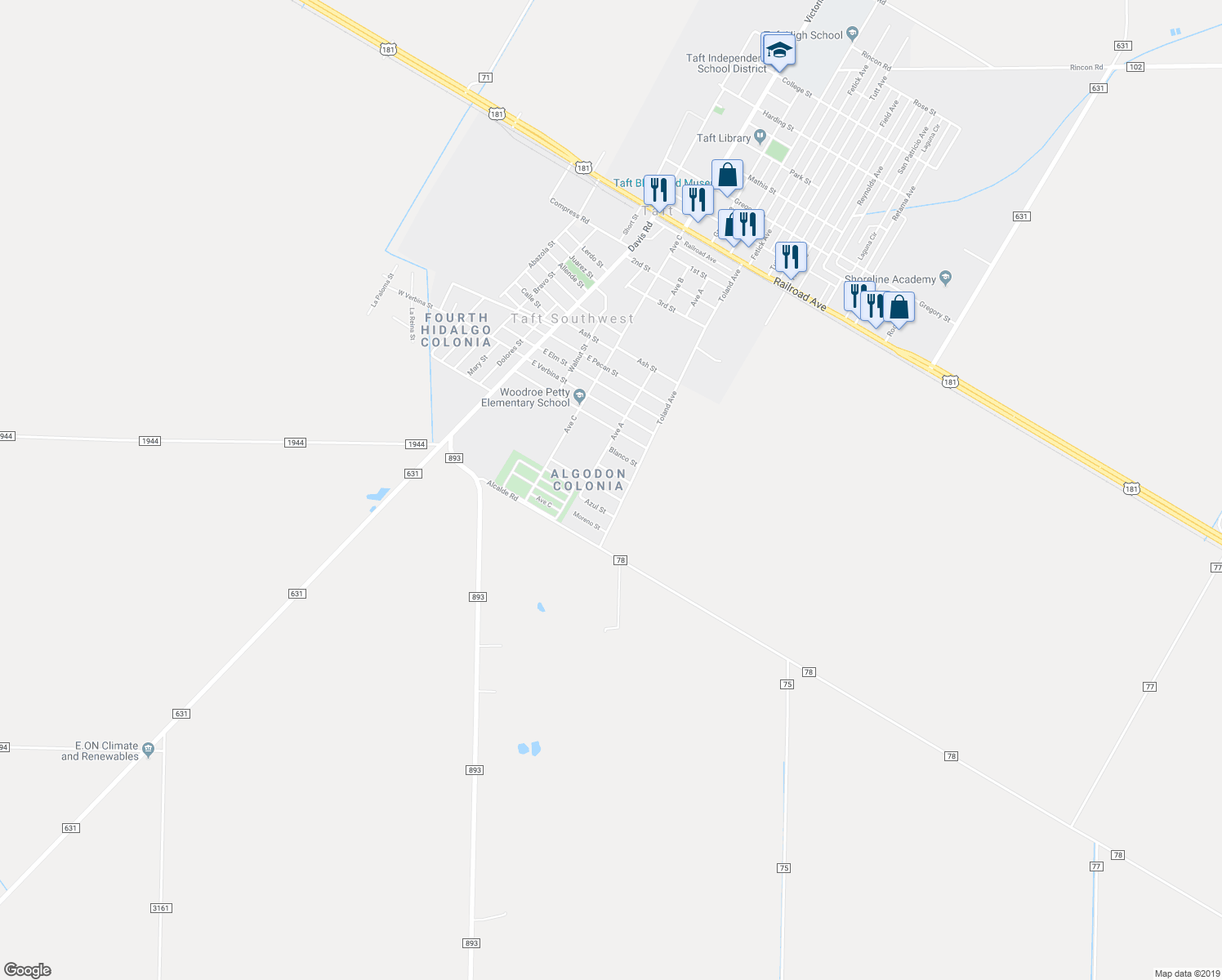 map of restaurants, bars, coffee shops, grocery stores, and more near 526 Verde Street in Taft