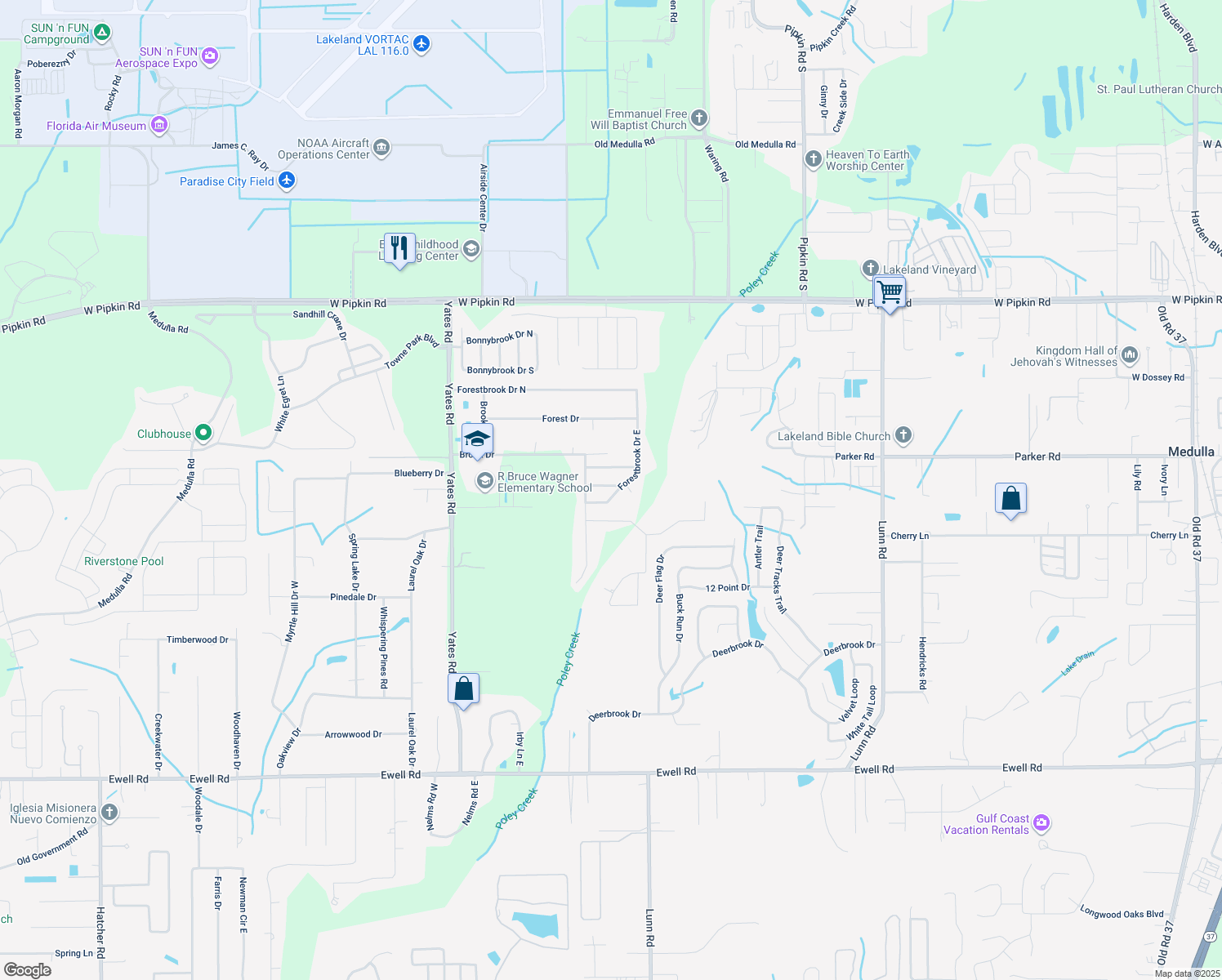 map of restaurants, bars, coffee shops, grocery stores, and more near 2888 Southbrook Lane in Lakeland