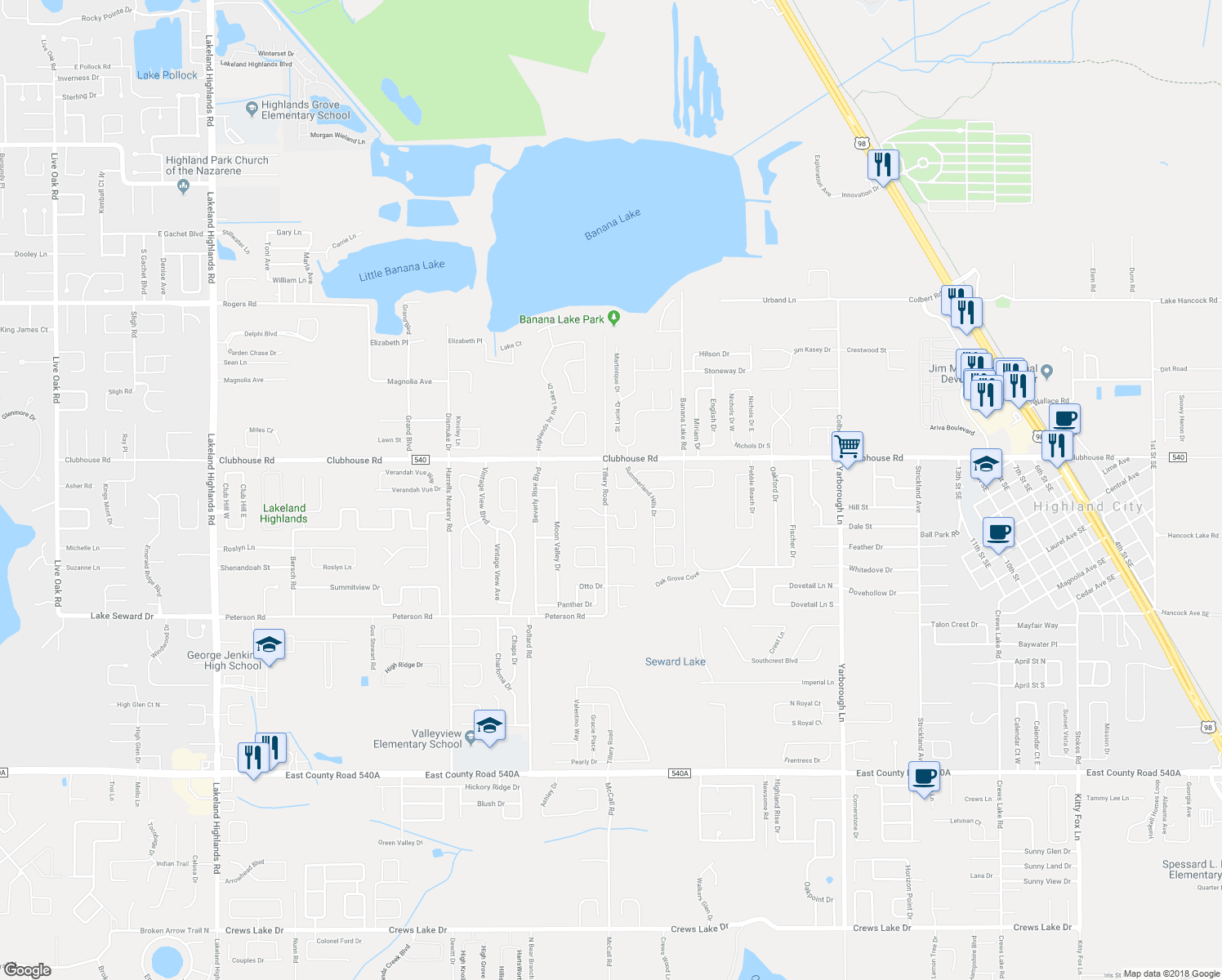 map of restaurants, bars, coffee shops, grocery stores, and more near 3231 Summerland Hills Court in Lakeland