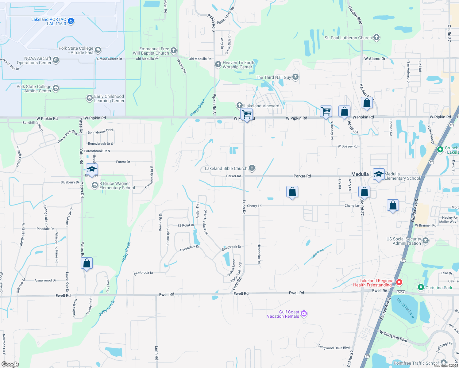 map of restaurants, bars, coffee shops, grocery stores, and more near 2028 Parker Road in Lakeland