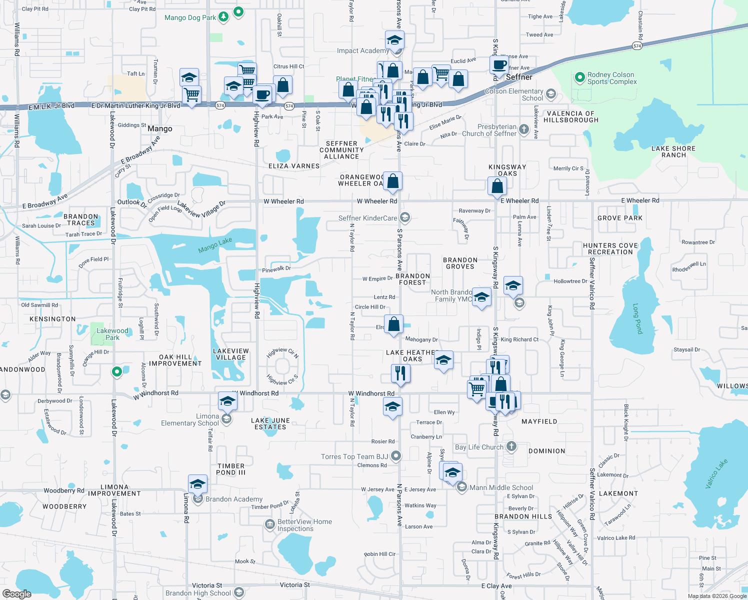 map of restaurants, bars, coffee shops, grocery stores, and more near 201 Lentz Road in Brandon