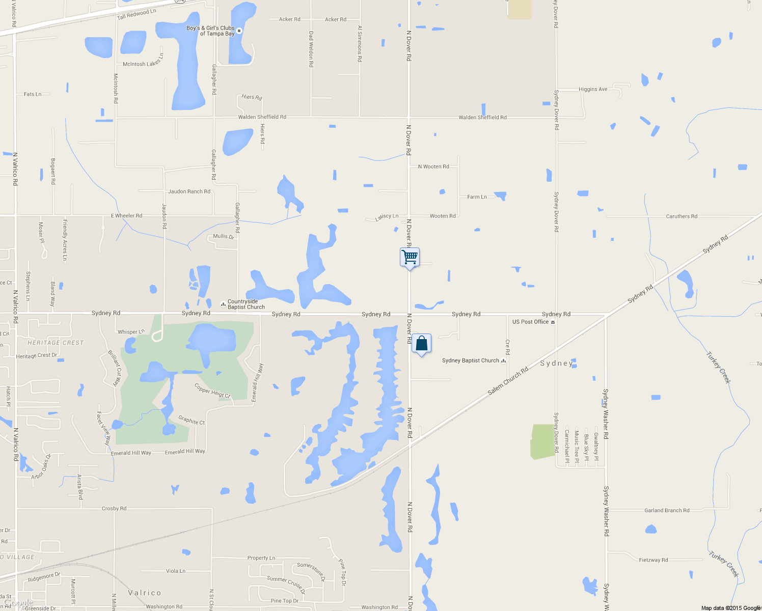 map of restaurants, bars, coffee shops, grocery stores, and more near 14070 Sydney Road in Dover